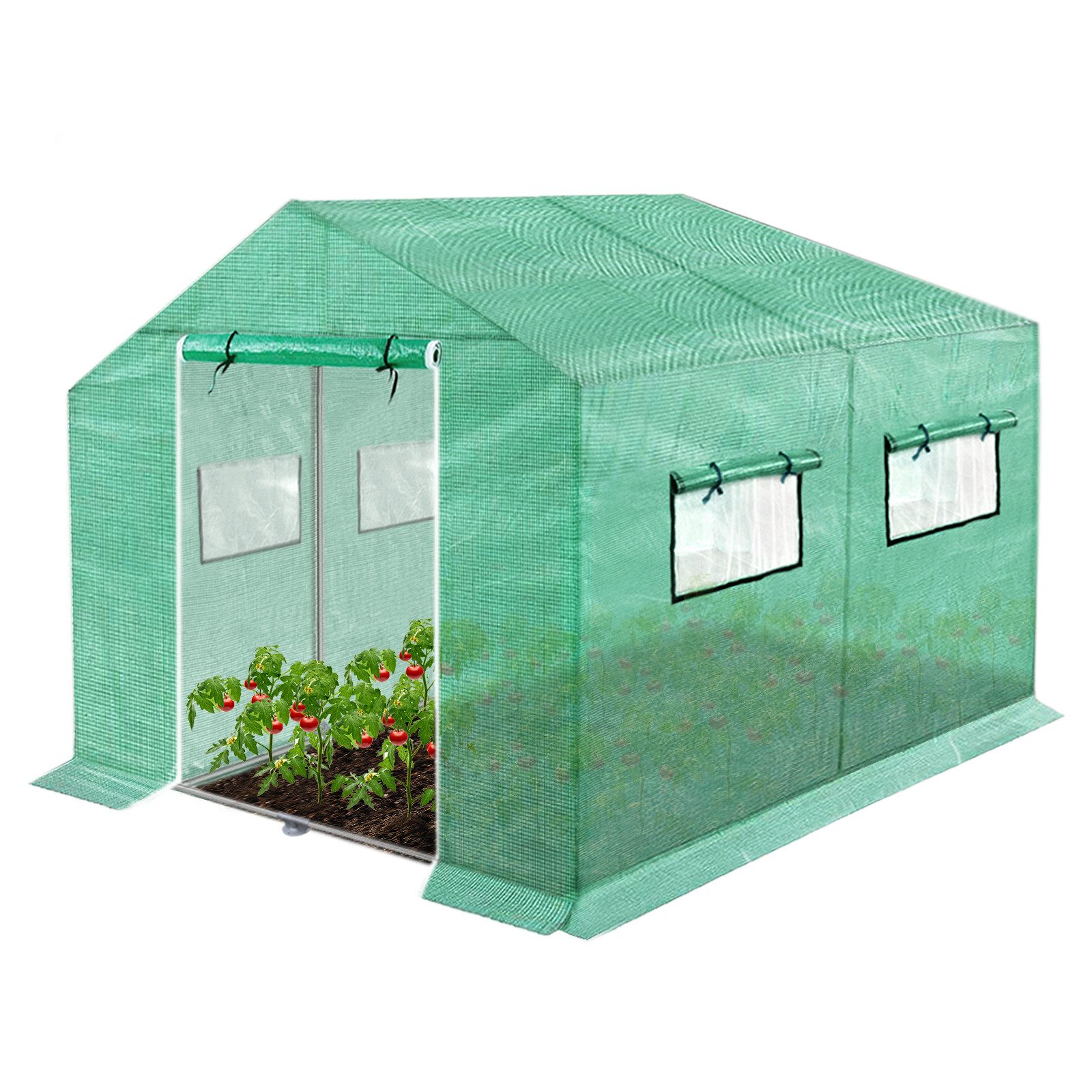 FIVMEN Foliengewächshaus Tomatengewächshaus für Tomaten, mit Gitternetz und Fernster, Winterfest Treibhaus, Pflanzenhaus, Mehrweg,Schrägdach, Grün