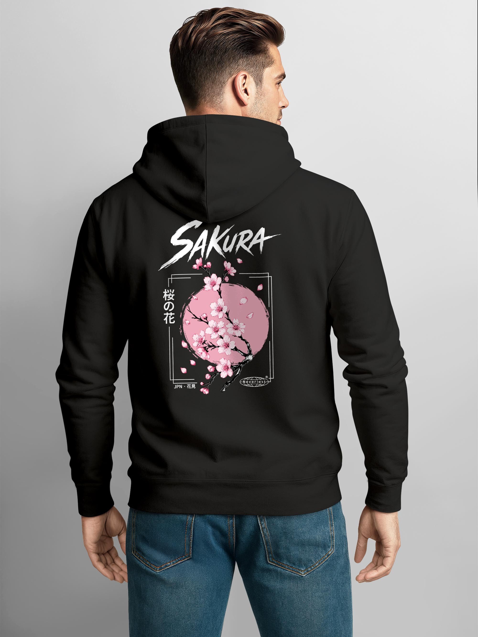 Neverless Hoodie Herren Hoodie Backprint - Design Sakura - Kapuzensweatshirt – Bild 2 von 5