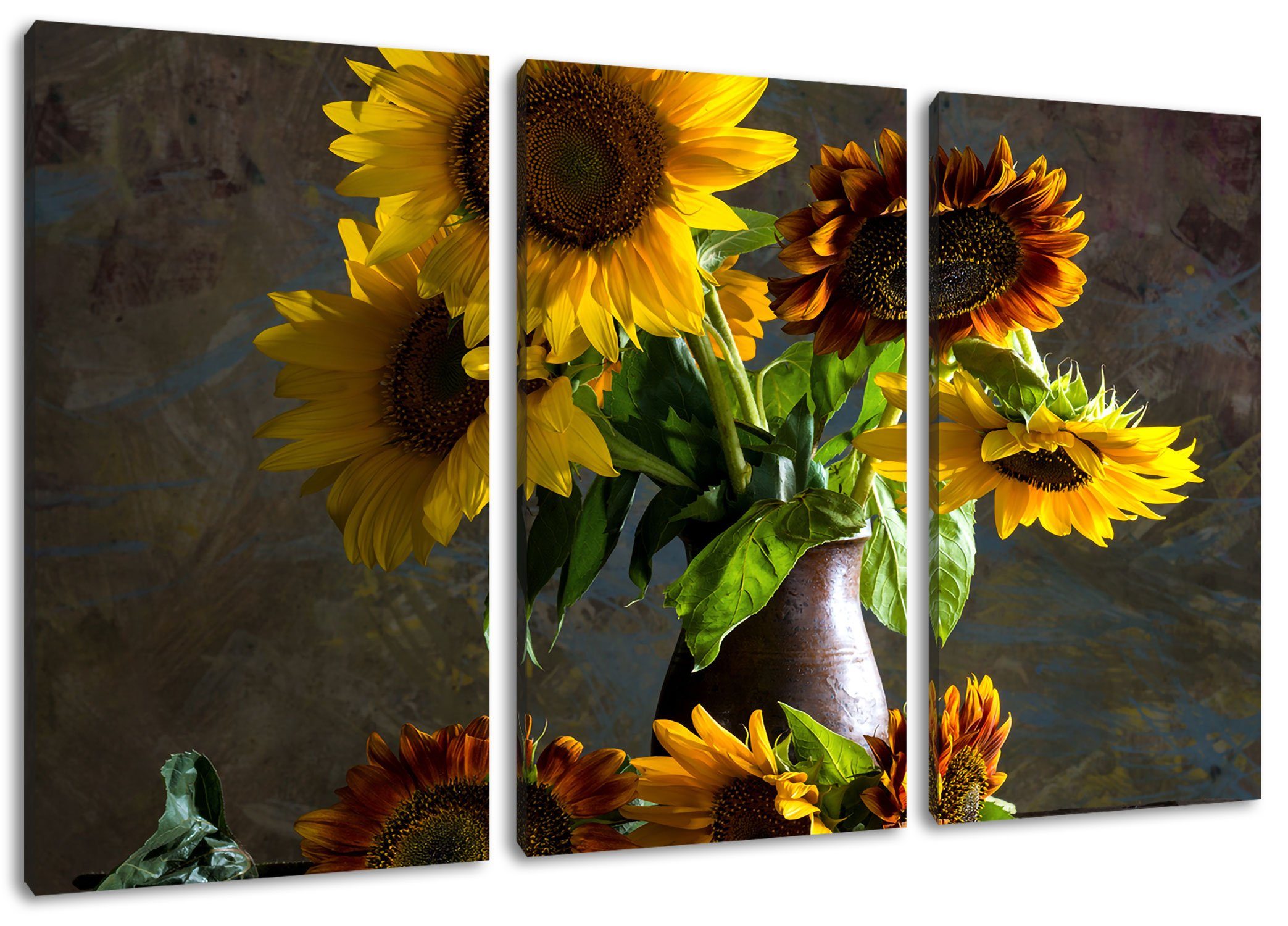 3Teiler edler Leinwandbild edler in fertig in inkl. Sonnenblumen Vase, Sonnenblumen Leinwandbild bespannt, St), Pixxprint Vase (1 (120x80cm) Zackenaufhänger