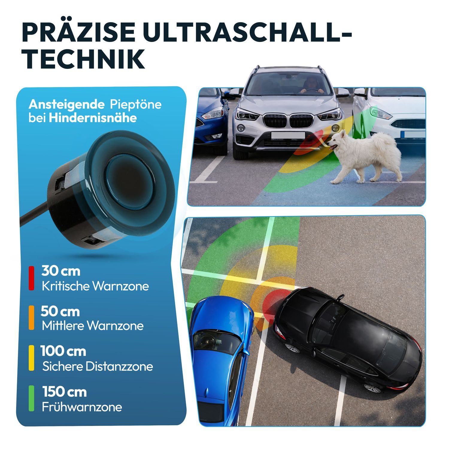 VSG24 Premium Einparkhilfe ECHO PLUS VORNE Display Parkhilfe zum nachrüsten Rückfahrkamera (Rückfahrwarner mit Display & 4 Sensoren Stecksystem Nachrüstsatz PDC)