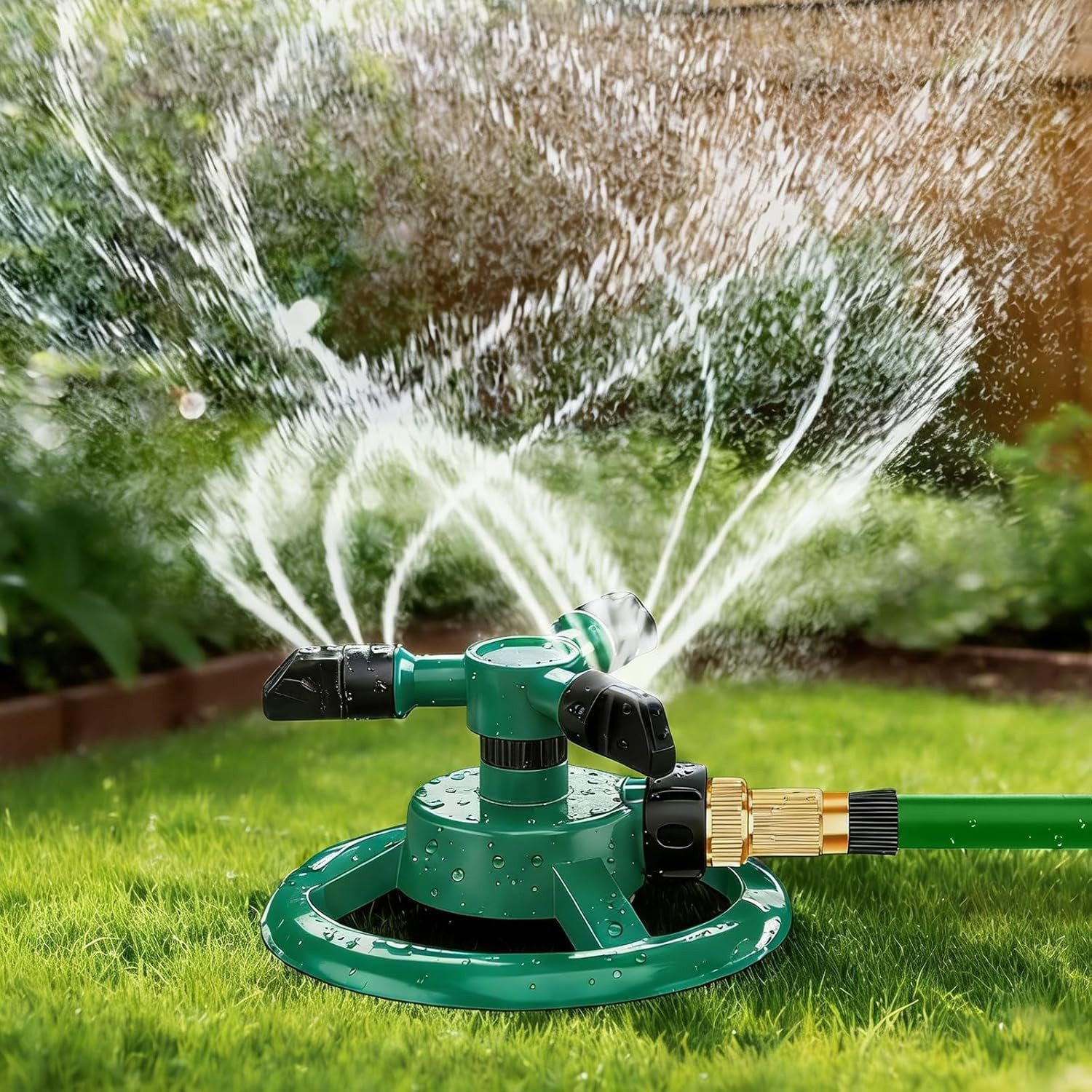 AIMAX Kreisregner Garten, 360 Grad Rasensprenger, 3-Arm Rasensprenger, Sprenger Bewässerungssystem für Rasen, Pflanzen und Beete, Grün