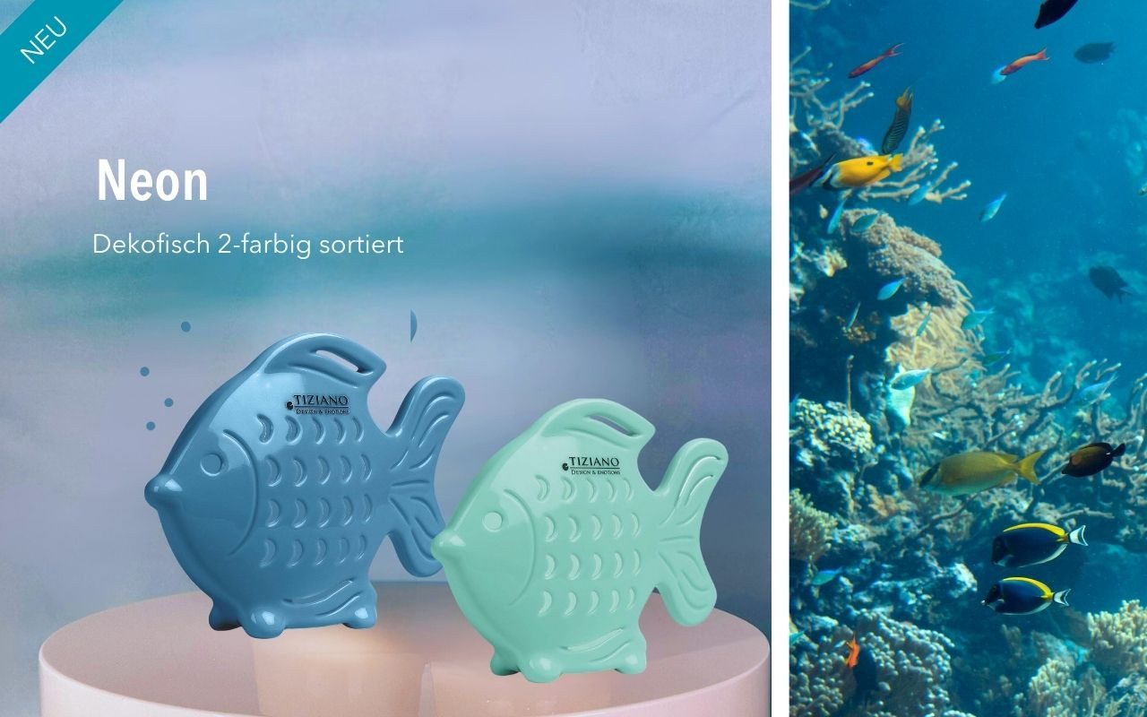 TIZIANO - DESIGN & EMOTIONS Tierfigur Deko Fisch Neon türkis/blau – maritime Figur 11/14 cm