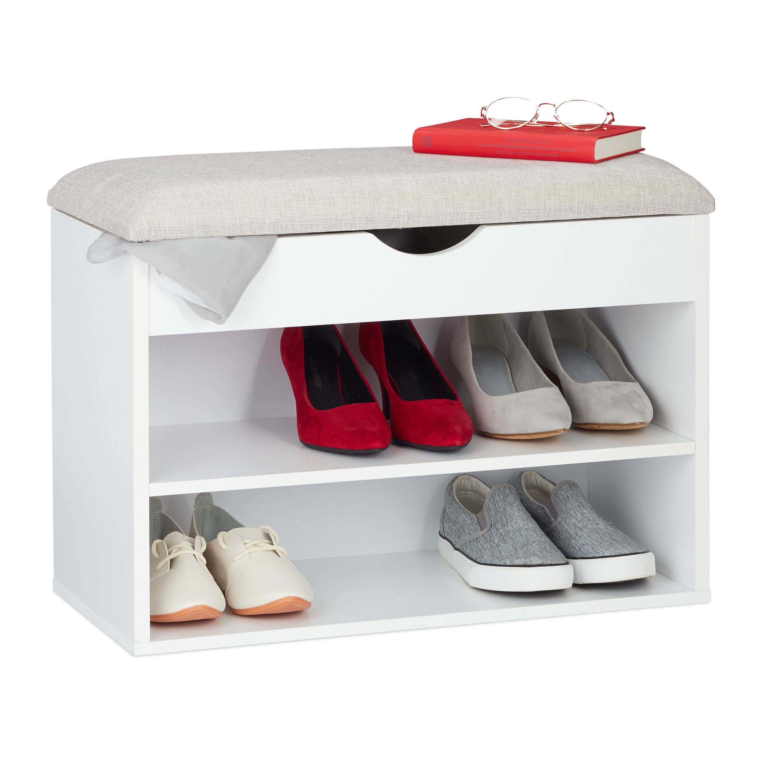 relaxdays Schuhbank Weiße Schuhbank gepolstert