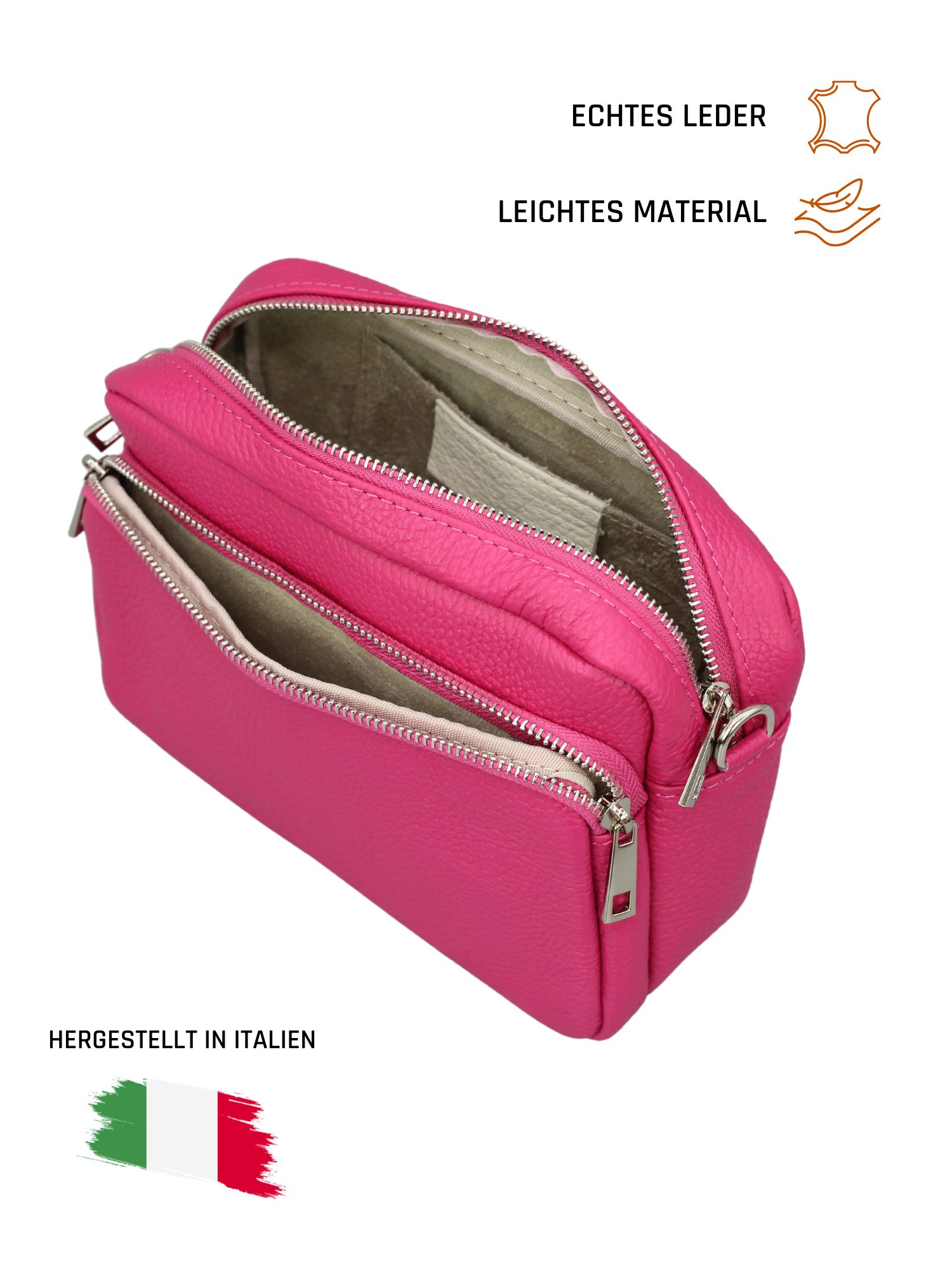 Adel Bags Schultertasche BELLA Umhängetasche für Damen, Schultertasche mit 2 Wechselriemen, echtes Leder, hergestellt in Italien