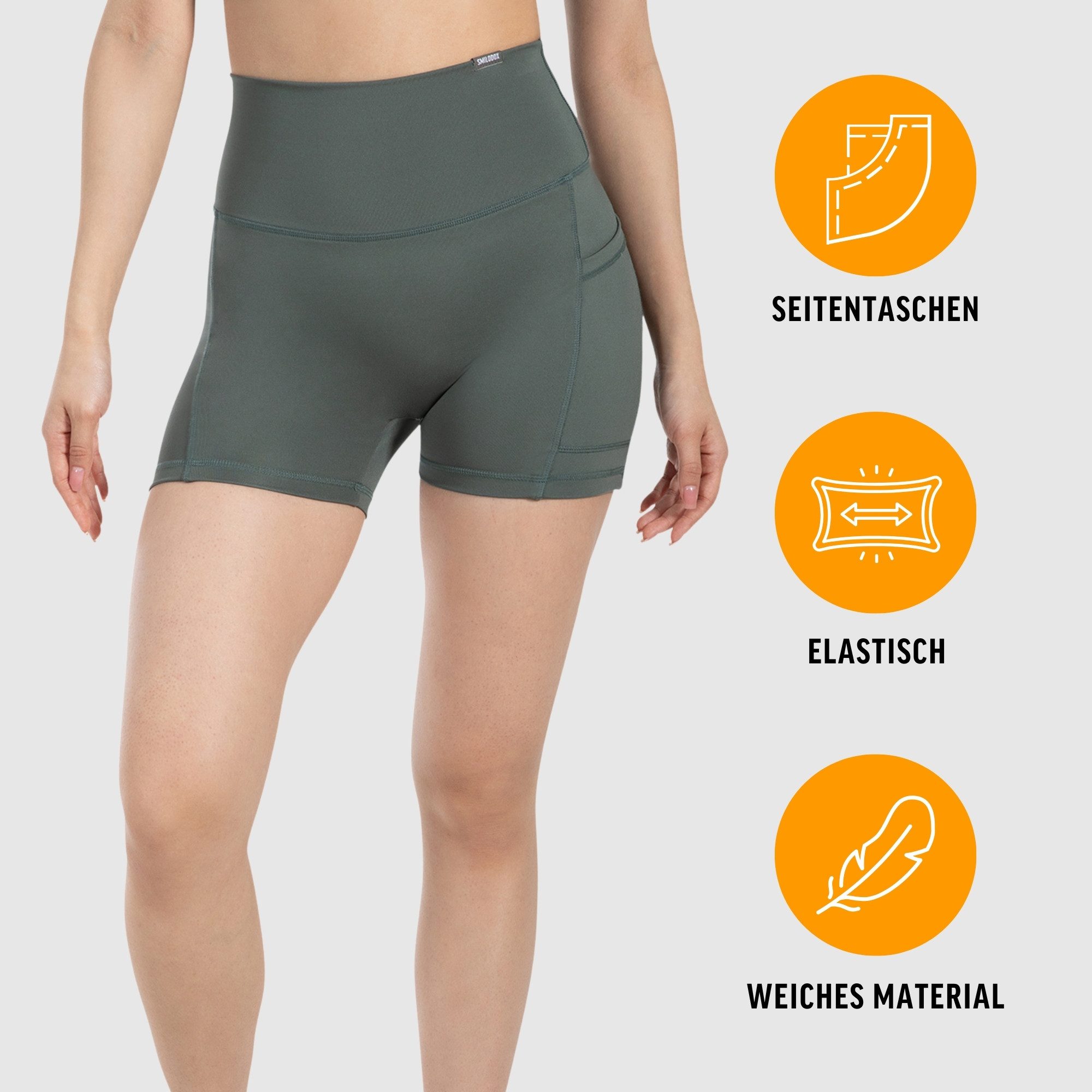 Smilodox Shorts Lissa, High Waist Radlerhose mit seitlichen Eingrifftaschen, elastisch Figurformender Bund, enganliegend, Training Alltag Fitness Yoga