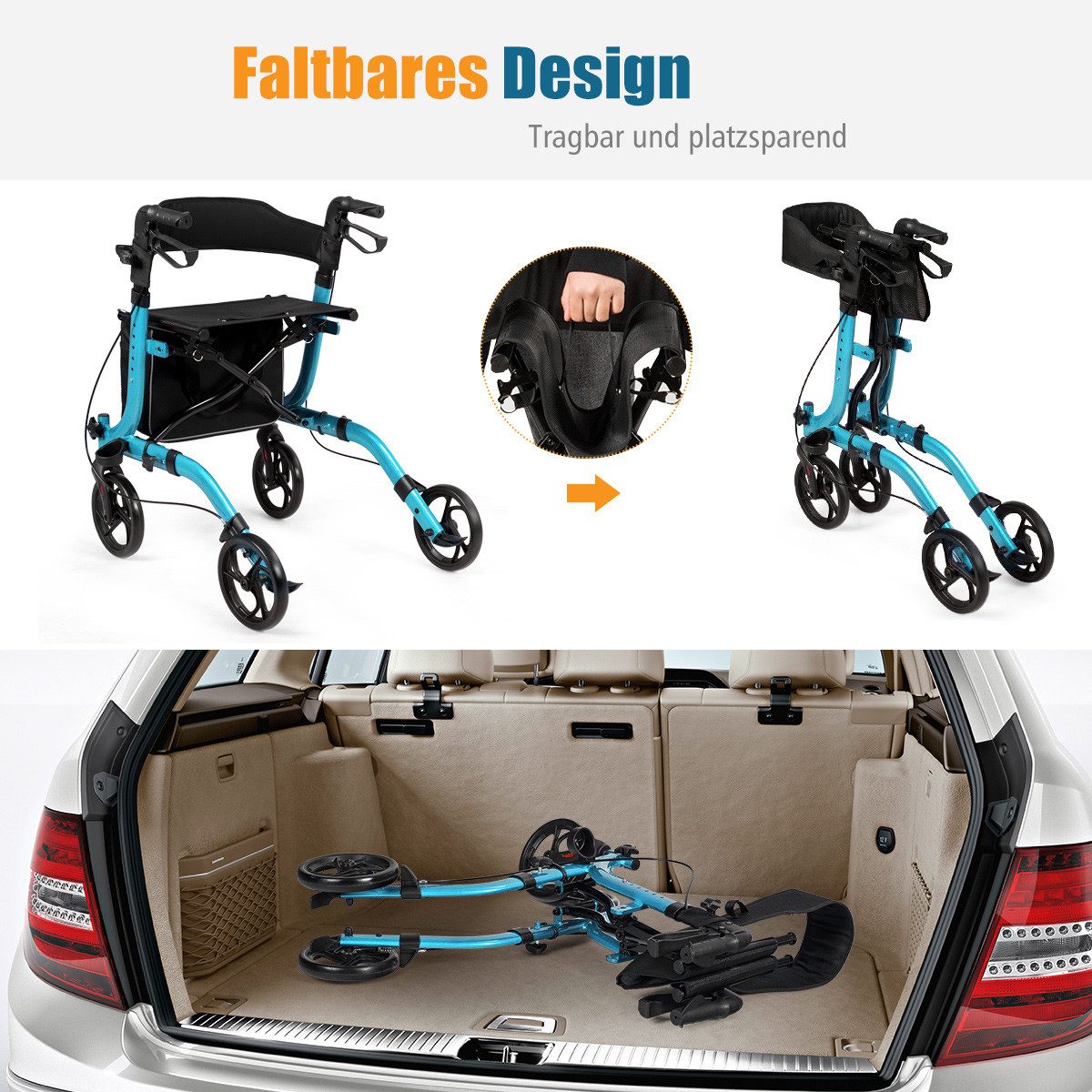 COSTWAY Rollator, Leicht und faltbar, mit abnehmbarem Aufbewahrungsbeutel