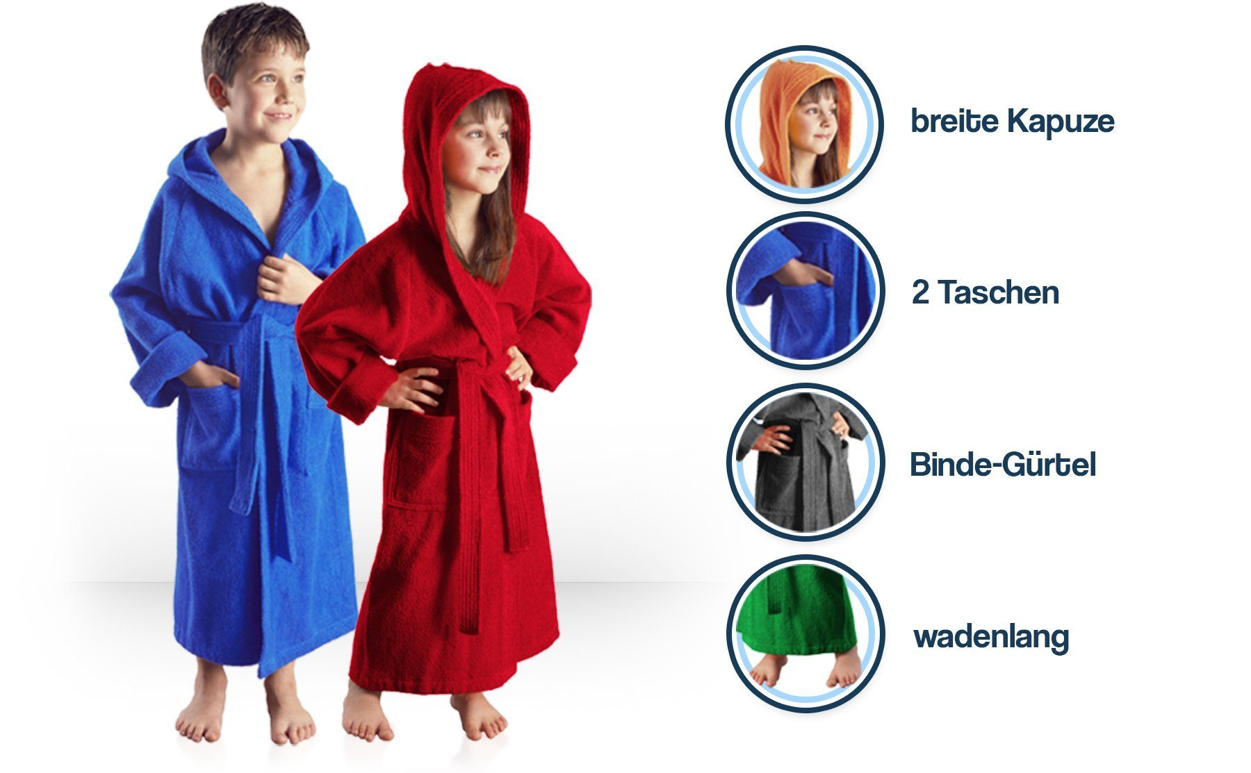 mit farbenfroh und Arus zwei Taschen, Kapuze, 100% Baumwolle, für Mädchen, Kinderbademantel mit Jungen Weiß