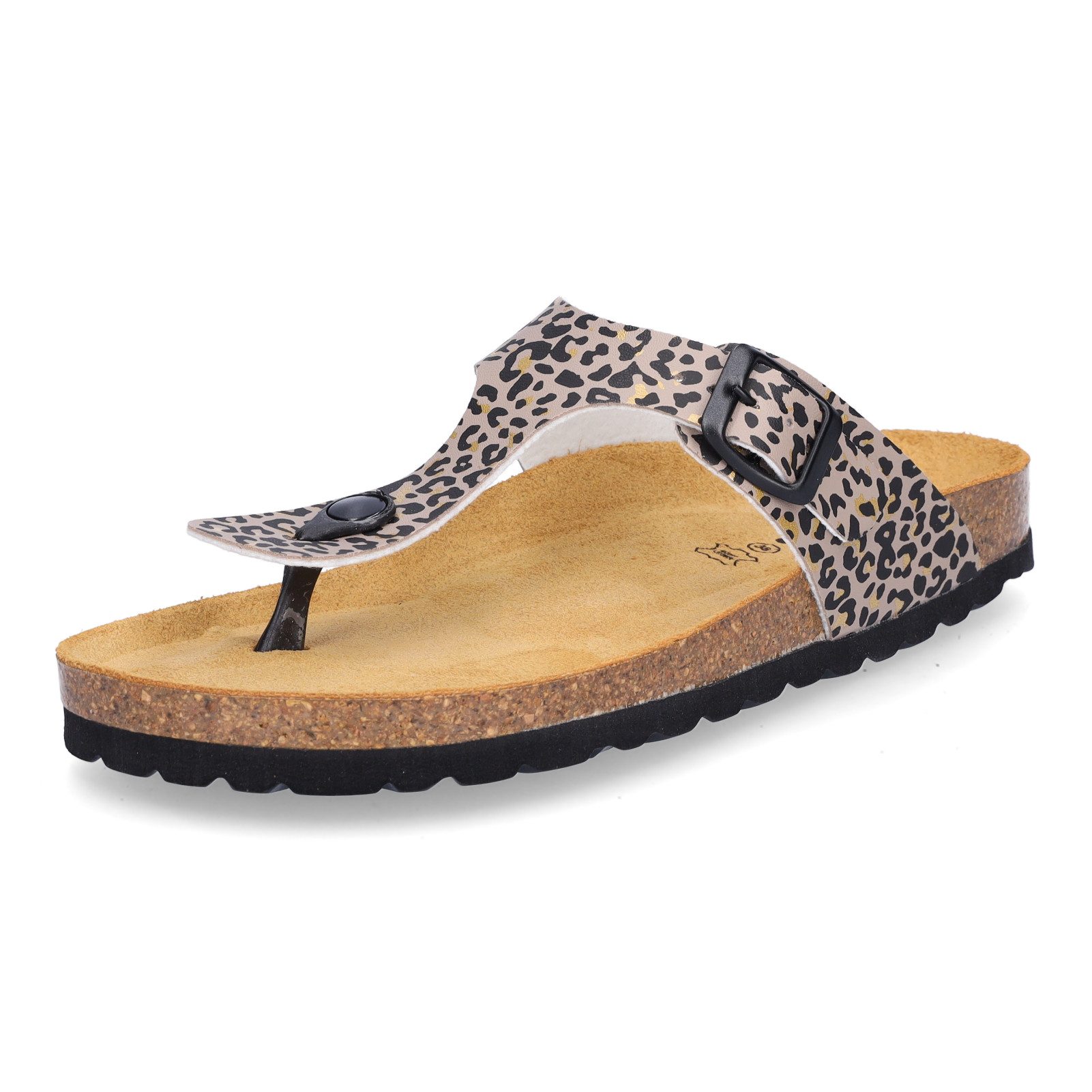 MIDS MIA Damen Pantolette leo Animalprint, Zehentrenner mit Lederfußbett, Schnalle und Korksohle