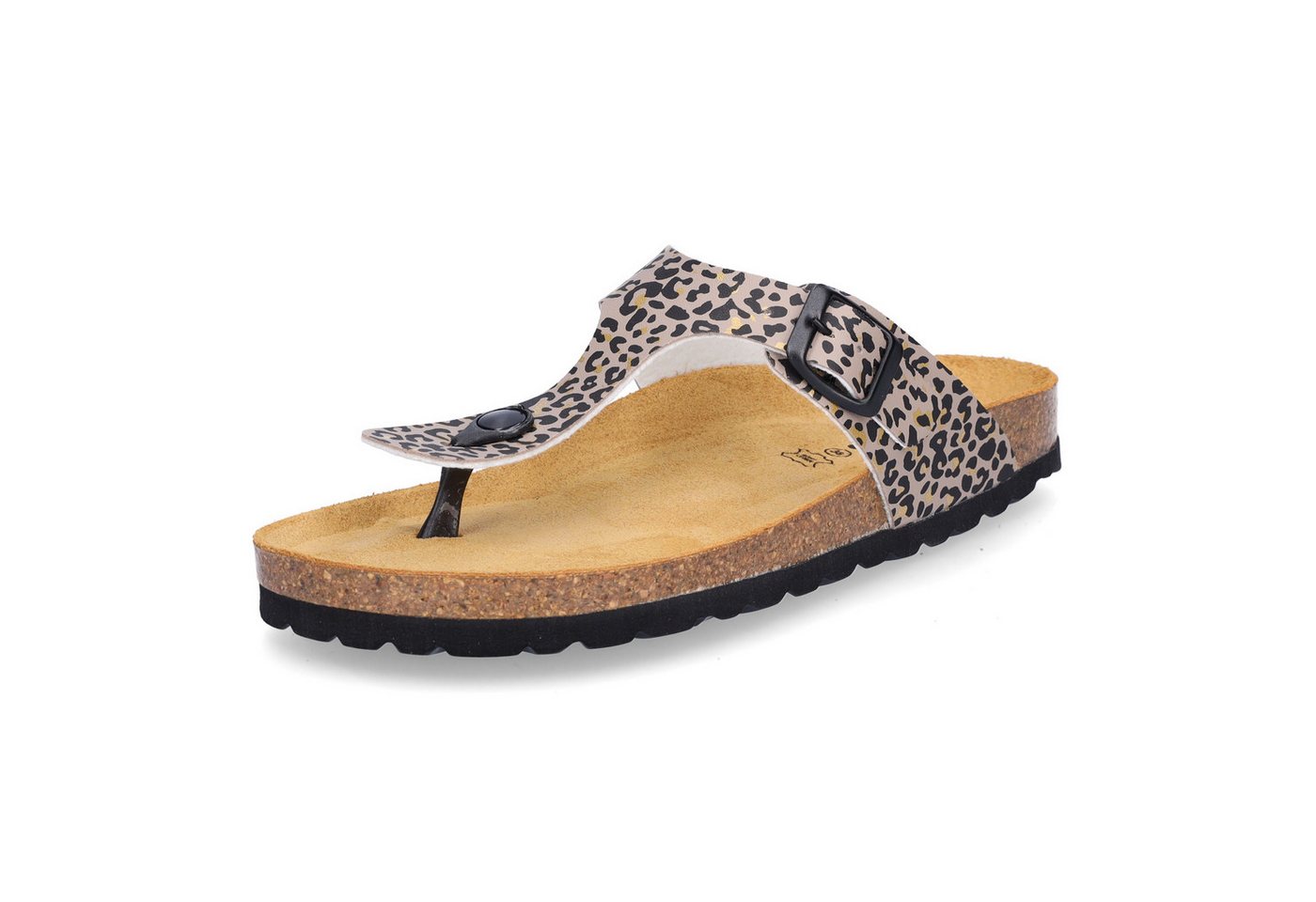 MIDS MIA Damen Pantolette leo Animalprint, Zehentrenner mit Lederfußbett, Schnalle und Korksohle