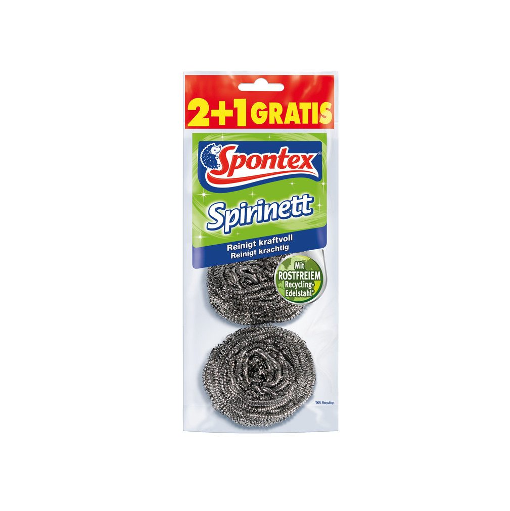 SPONTEX Scheuerschwamm Spirinett 2+1 Scheuerspiralen - aus Edelstahl, Ideal zum Reinigen von Grillrosten und Backblechen