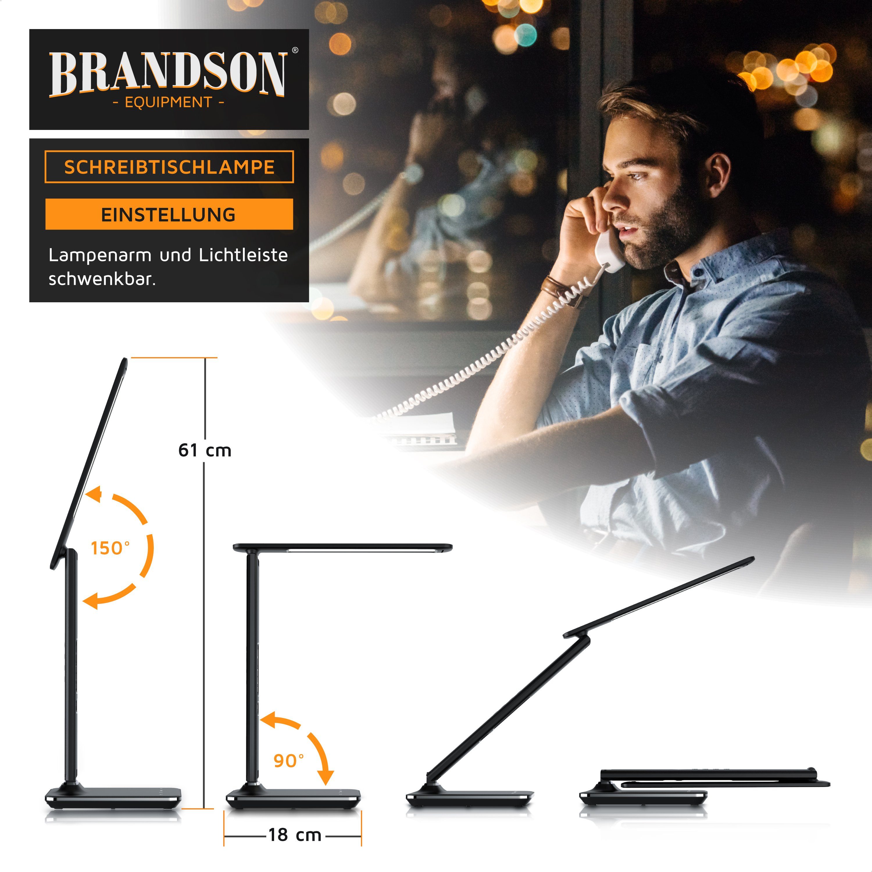 Brandson Schreibtischlampe Lederoptik LED Tischlampe dimmbar, Temperatur, Alarm, Kalenderfunktion, Tageslicht, 3 Lichtfarben, 5 Helligkeitsstufen, USB Lade Anschluss