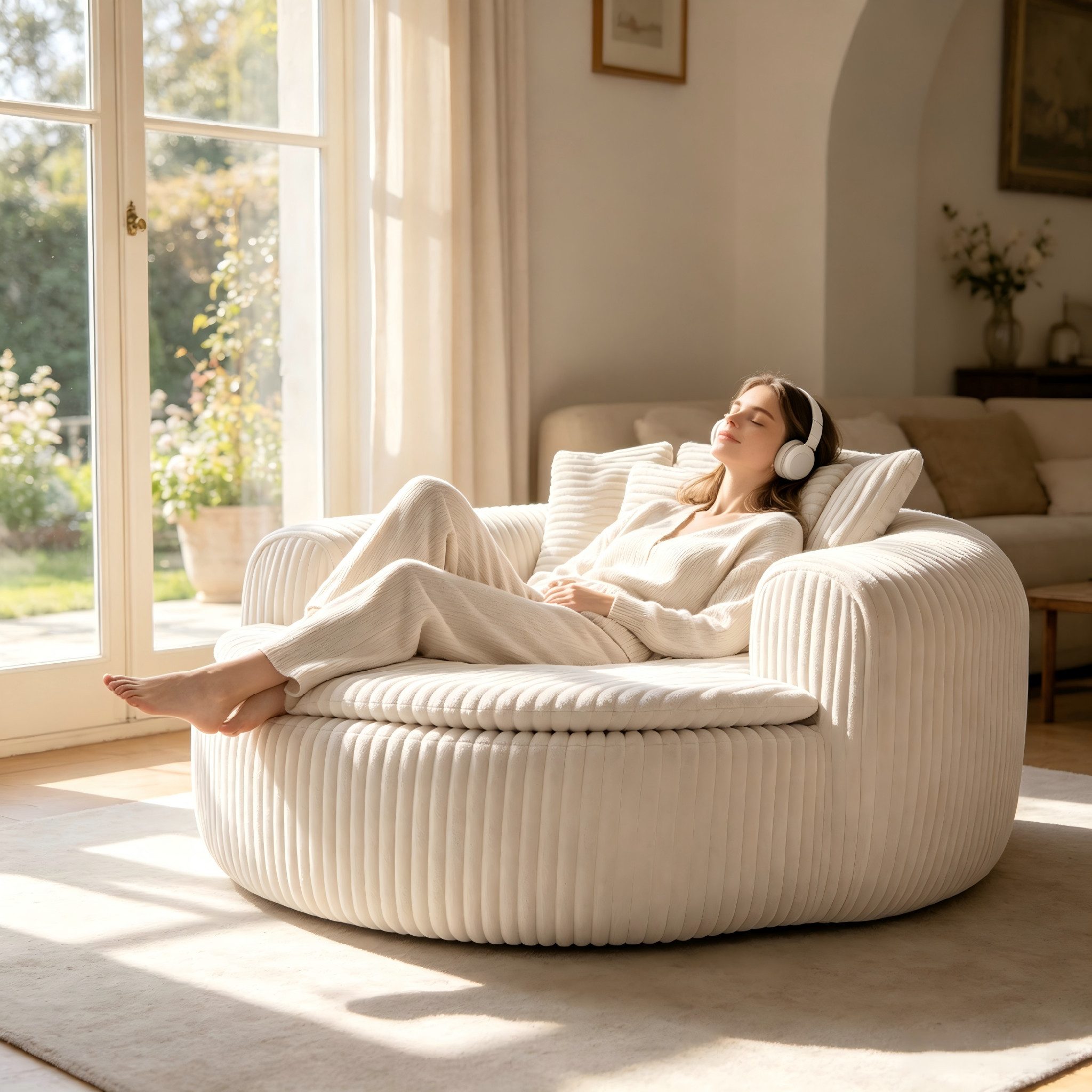 i@home Sitzsack Loungesessel Cord gepolstert, Relaxsessel Bodensessel (1 St., extrabreiter Sitzfläche und Armlehnen, rutschfest), Sessel mit Taschenfedern, 5 Kissen für Schlafzimmer & Leseecke 145 cm