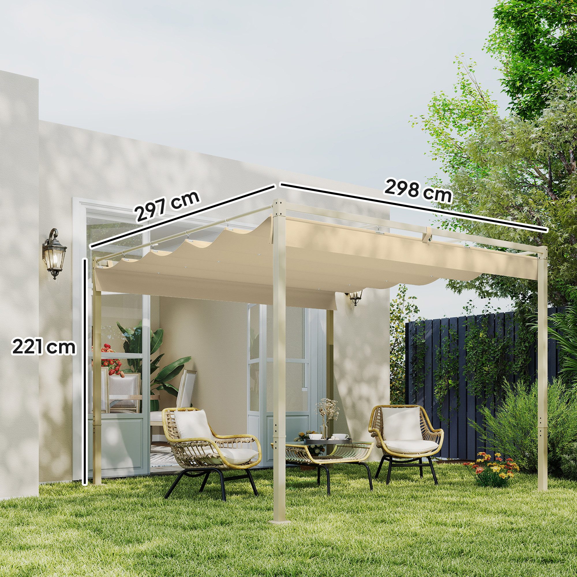 Outsunny Pergola mit magnetischem Pad, verstellbares Dach, BxTxH: 297.0x297.0x221 cm, (Terrassendachung, 1-tlg., Garten Pavillon), für Terrasse und Garten, Khaki