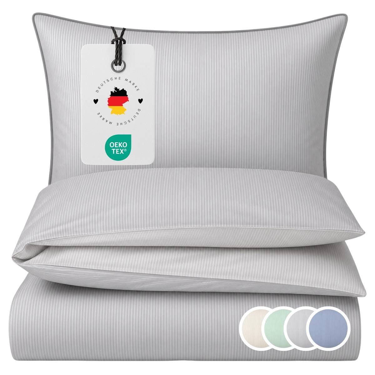 Carpe Sonno Wendebettwäsche Mako Satin Bettwäsche 135 x 200 155 x 220 Streifen Baumwolle OEKO-TEX, Mako-Satin, 2 teilig, Makosatin Bettbezug / Paspel & Nadelstreifen / Grau 155x220
