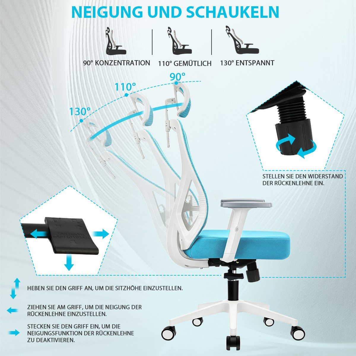 Durrafy Bürostuhl 200kg Ergonomischer Bürostuhl-Verstellbare Lordosenstütze (Verstellbare Lendenwirbelstutze + Kopfstutze + hohenverstelbare Armlehnen),bis zu 1 – Bild 2 von 5