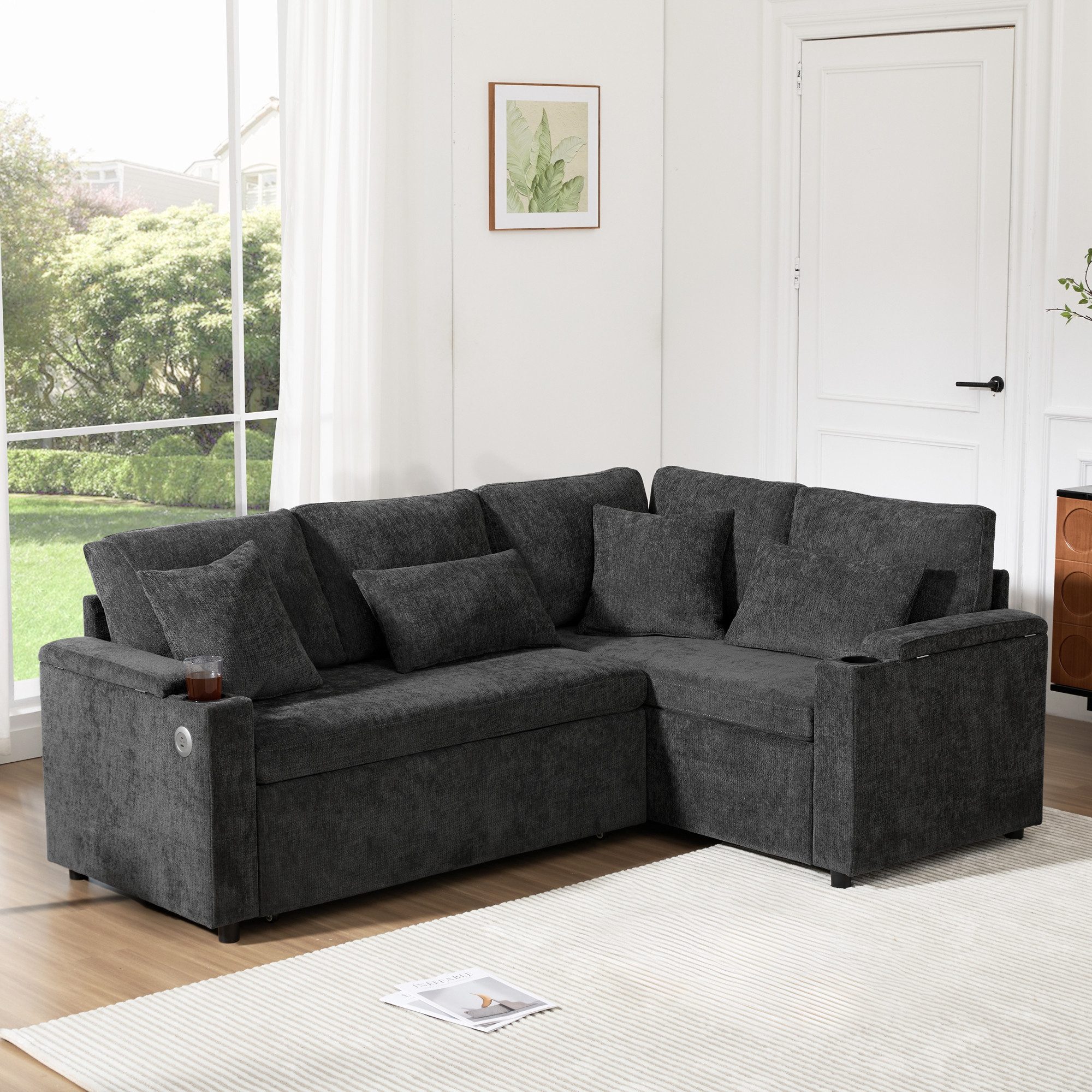 Merax Ecksofa L-förmiges ausziehbares Sofa mit USB-Anschluss, Schlafsofa 1 günstig online kaufen