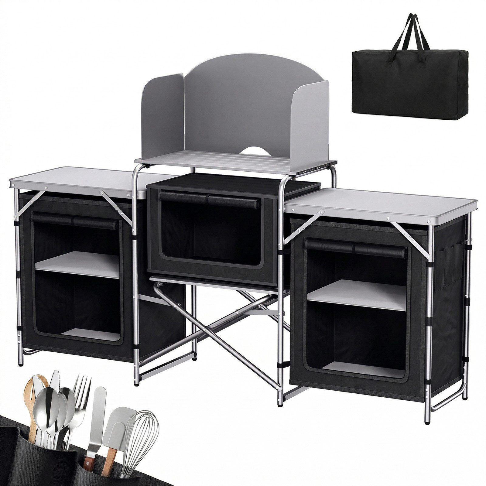 Sekey Campingtisch Klappbar Campingschrank XXL Faltbar Campingküche mit Aluminiumgestell, inkl. Windschutz und Tragetasche, mit Arbeitsplatte und 5 Staufächern
