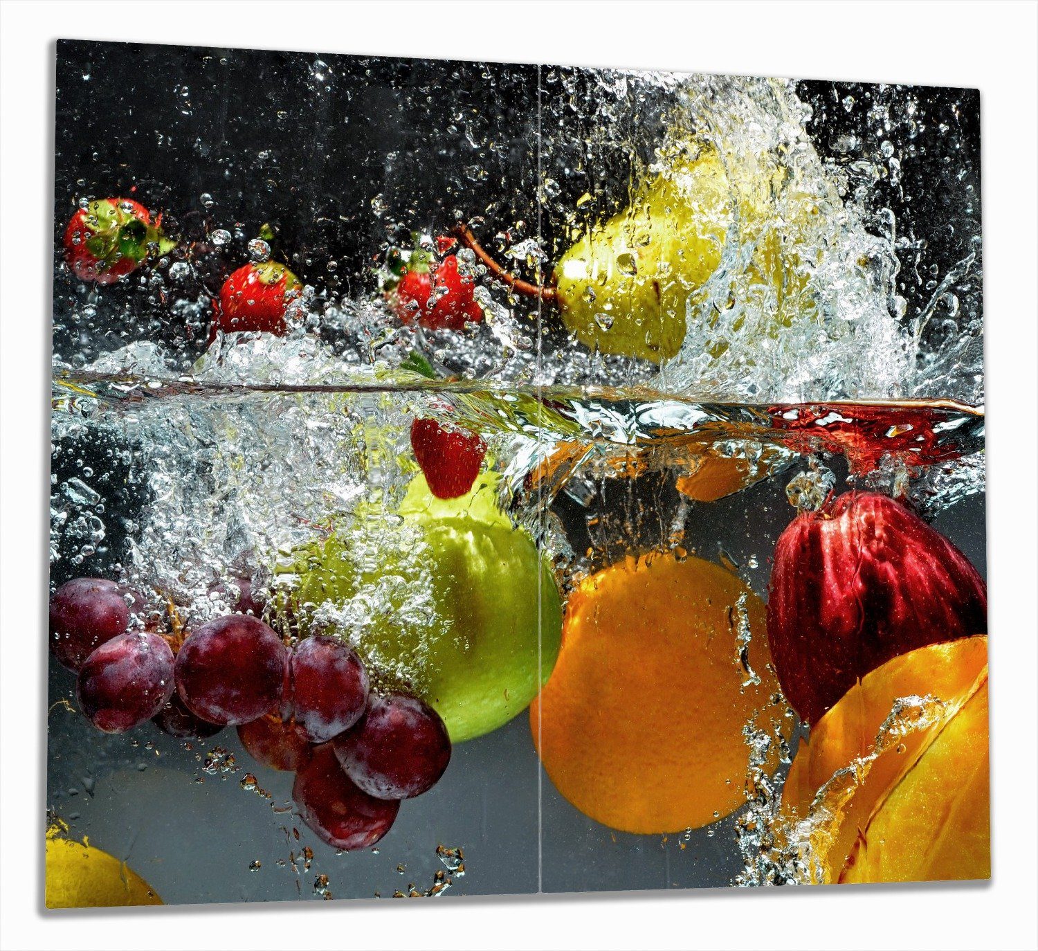 Wallario Herd-Abdeckplatte Früchte im und unter Wasser - Splashing Fruits, ESG-Sicherheitsglas, (Glasplatte, 2 tlg., inkl. 5mm Noppen), verschiedene Größen