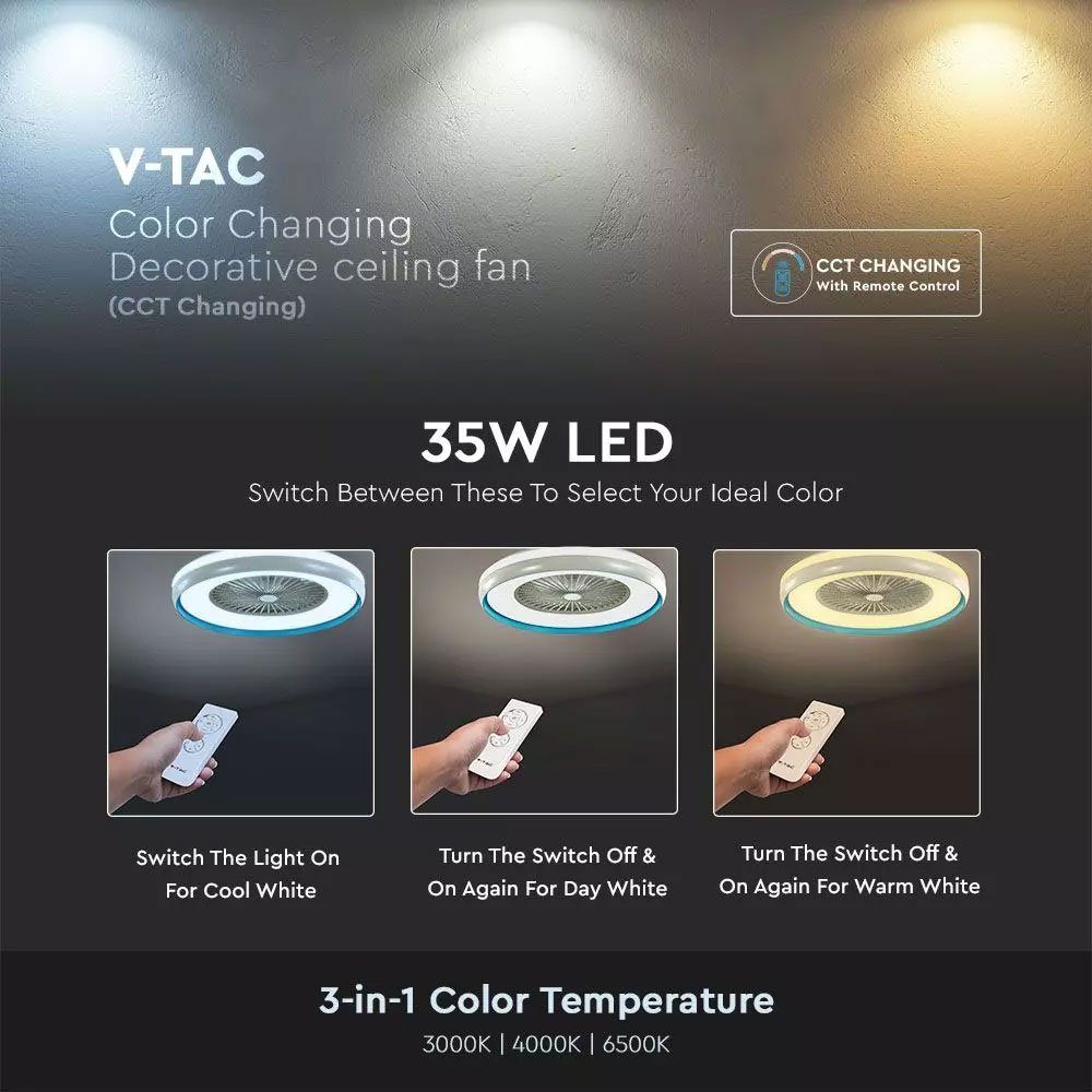 Lüfter LED Leuchte Lampe Tageslicht V-TAC Deckenventilator, Ventilator Decken 3-Stufen