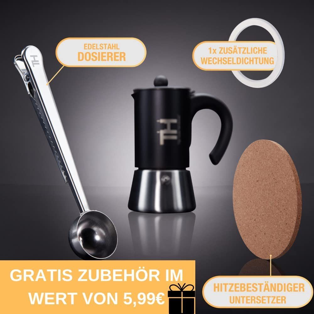 Thiru Espressokocher, Edelstahl Filter, Premium Mokkakanne aus Edelstahl inkl. Toolset