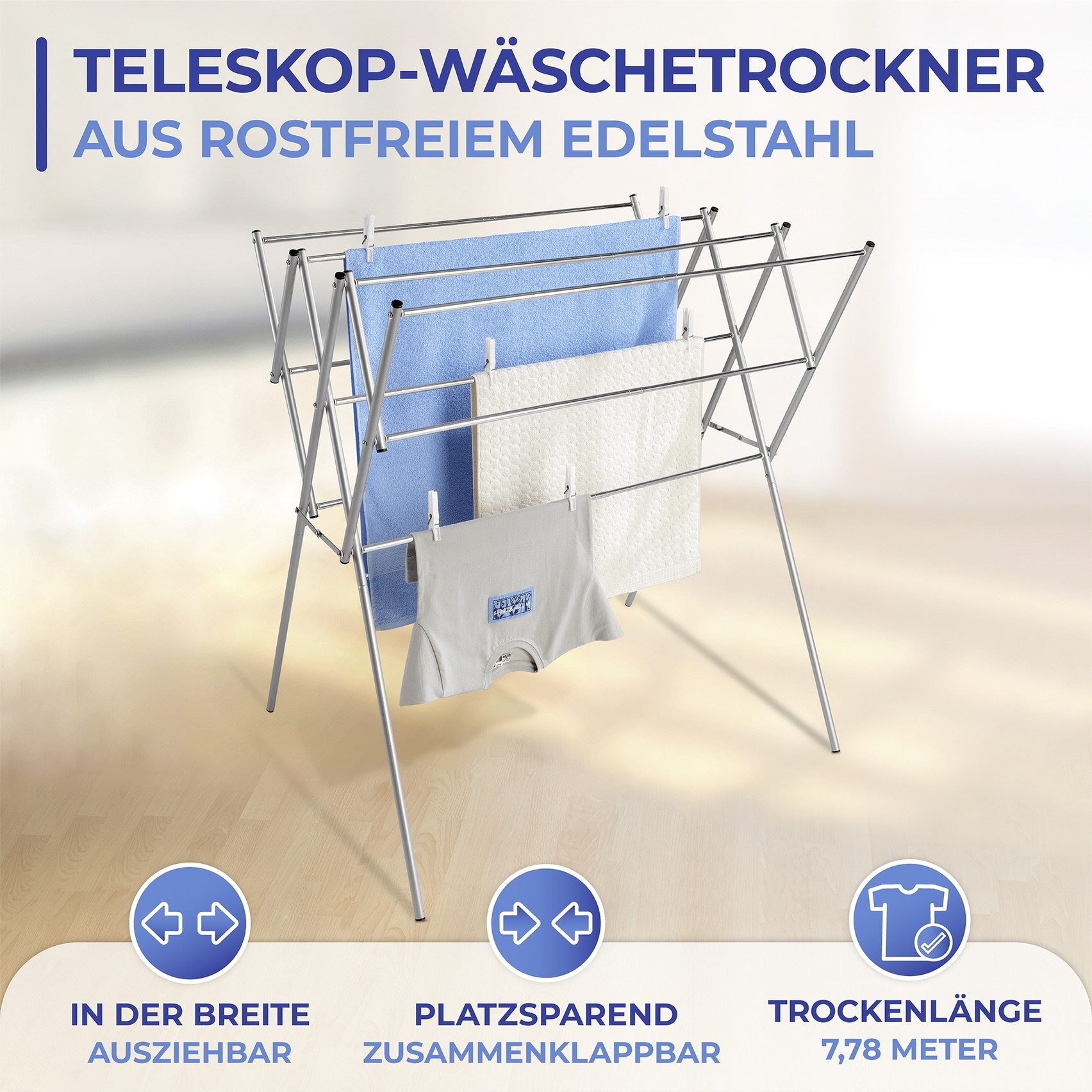 Maximex Wäscheständer Teleskop, ausziehbarer Wäschetrockner aus Edelstahl, 7,78 m Trockenlänge