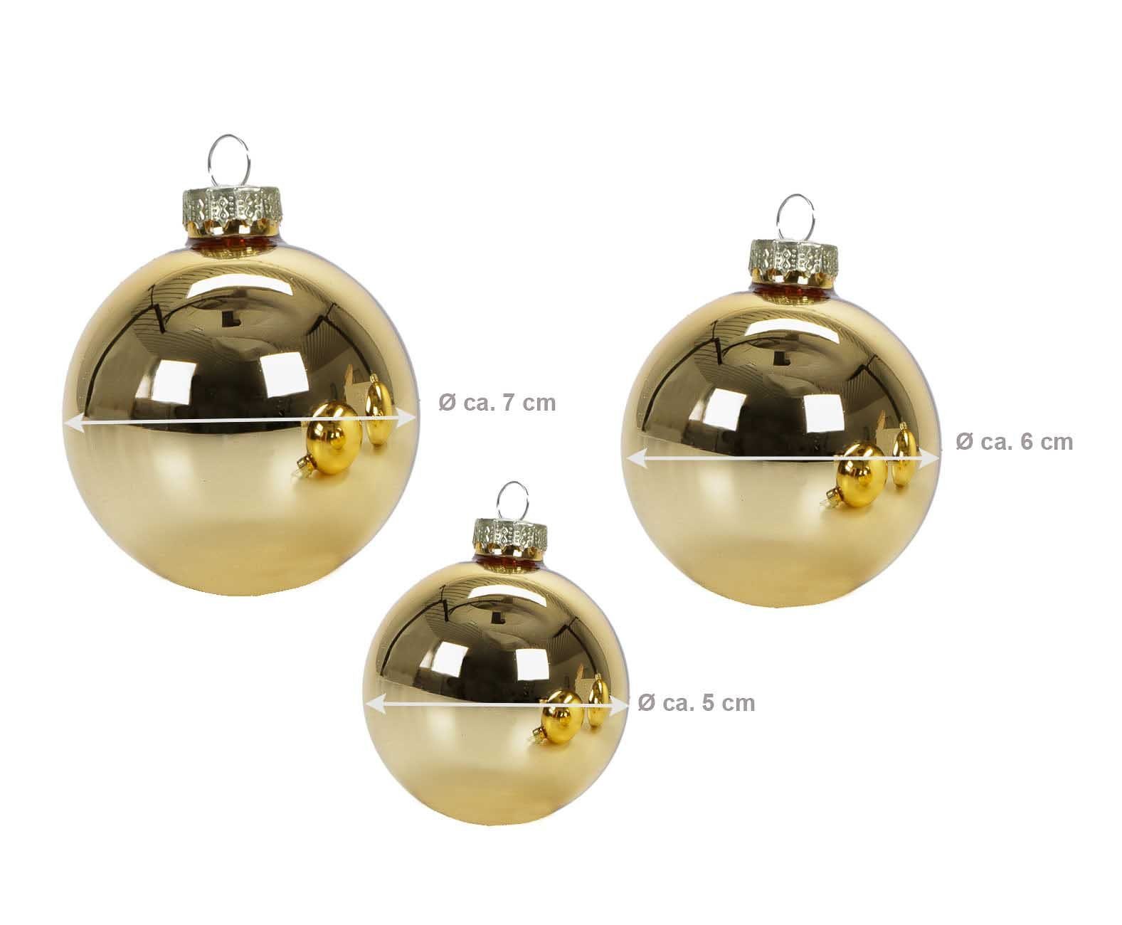 Bubble-Store Weihnachtsbaumkugel 3 Dekors, 5, cm und gold Hochglanz, Glitzer, Weihnachtskugeln Größen 6, 7 Echt-Glas 26 Ø Matt 3