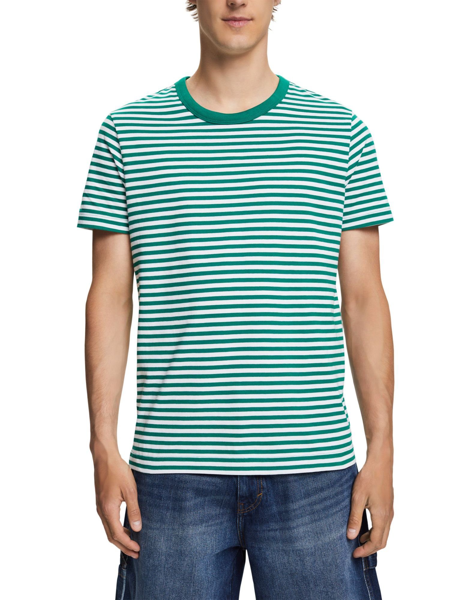 Esprit Gestreiftes T-Shirt GREEN Baumwolle % T-Shirt, (1-tlg) Jersey DARK 100