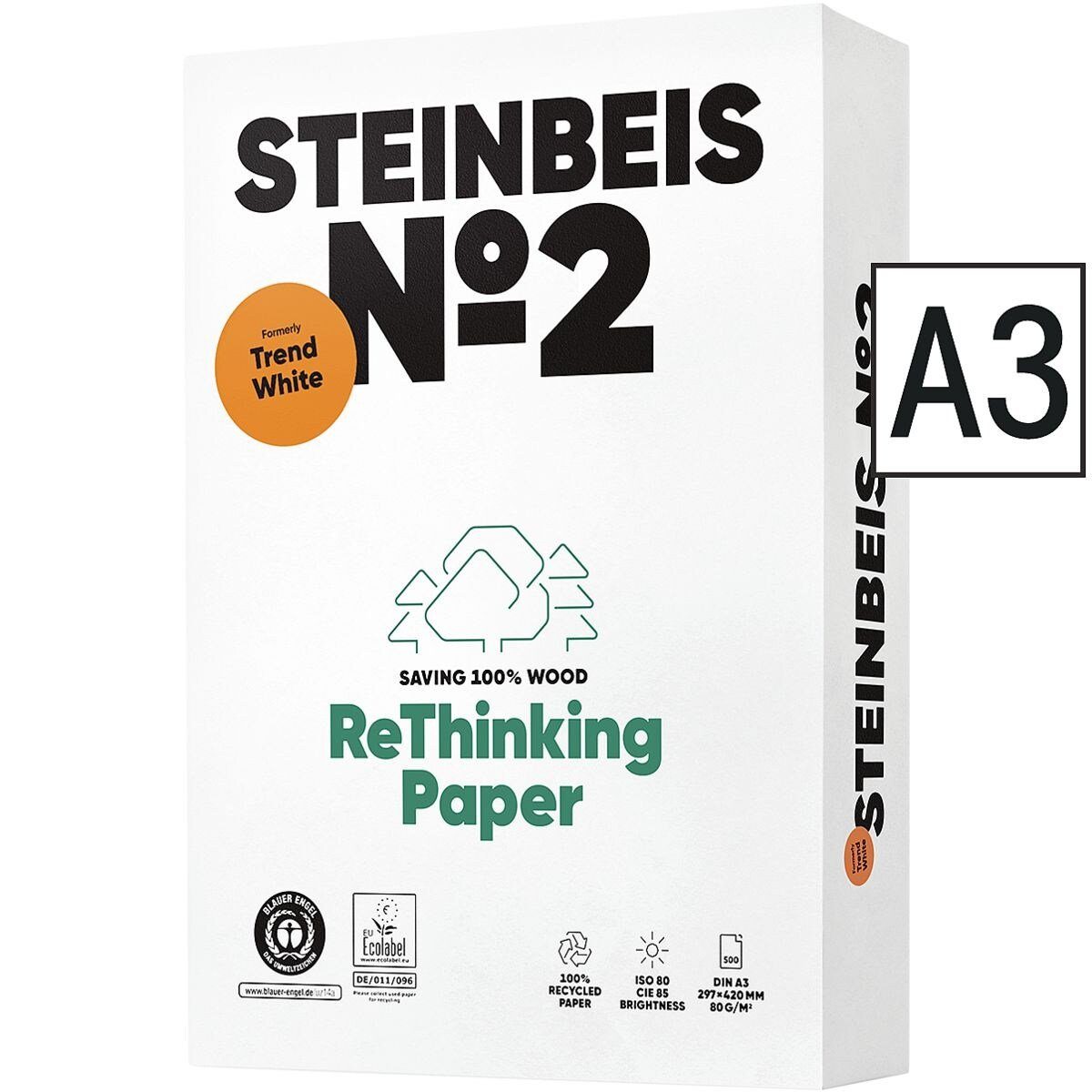 A3, Blatt Recyclingpapier STEINBEIS 80 DIN 80 g/m², White, 500 Format CIE, Trend