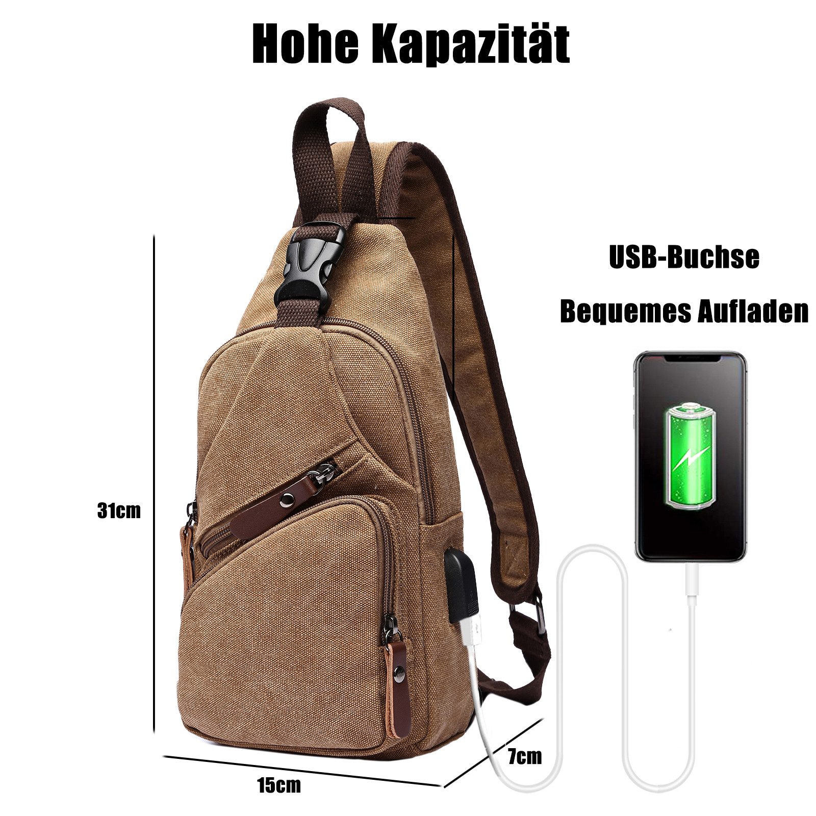 TAN.TOMI Umhängetasche Brusttasche Herren, Schultertasche Herren und Damen mit USB-Aufladung, Brusttasche, Canvas Brusttasche mit Verstellbaren Schultergurten