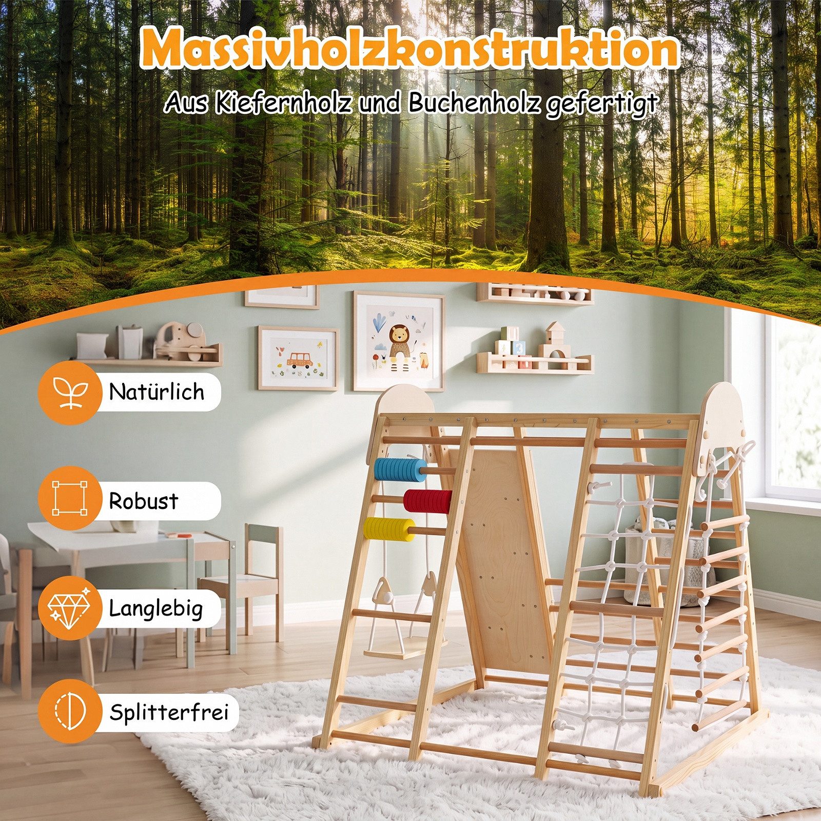 COSTWAY Klettergerüst, Klappbares Kletterspielzeug Set mit Hangelgerüst & Schaukel