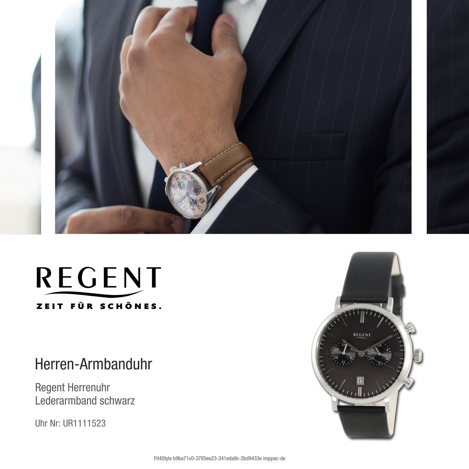 Regent Herren groß rundes schwarz, Armbanduhr extra Regent Analog, Lederarmband (ca. Quarzuhr 41mm) Herrenuhr Gehäuse,