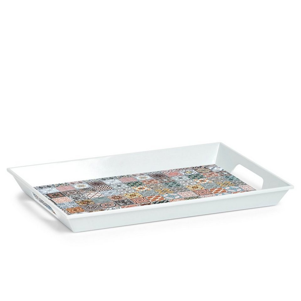 Zeller Present Tablett SERVE, Weiß, Bunt, 50 x 35 cm, mit Griffen, Melamin,  Mosaik-Design, praktisches Serviertablett in orientalischem Design