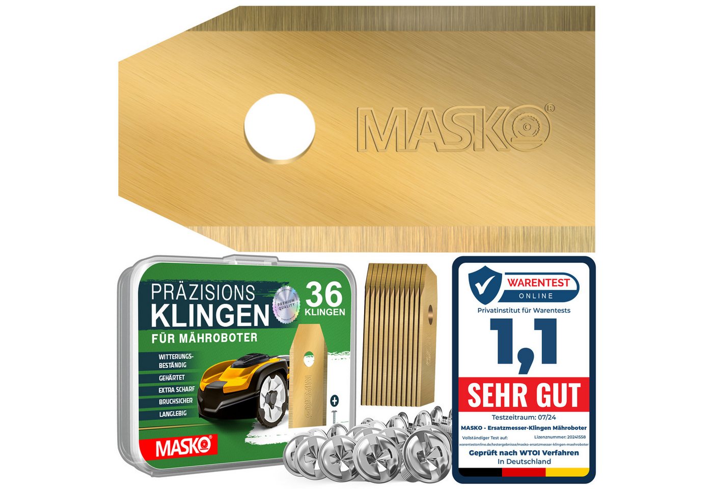 MASKO Mährobotermesser Ersatzmesser für Mähroboter, 36er Set, Titan-beschichtet (36-St), Geeignet für Bosch, Gardena/Husqvarna & Worx