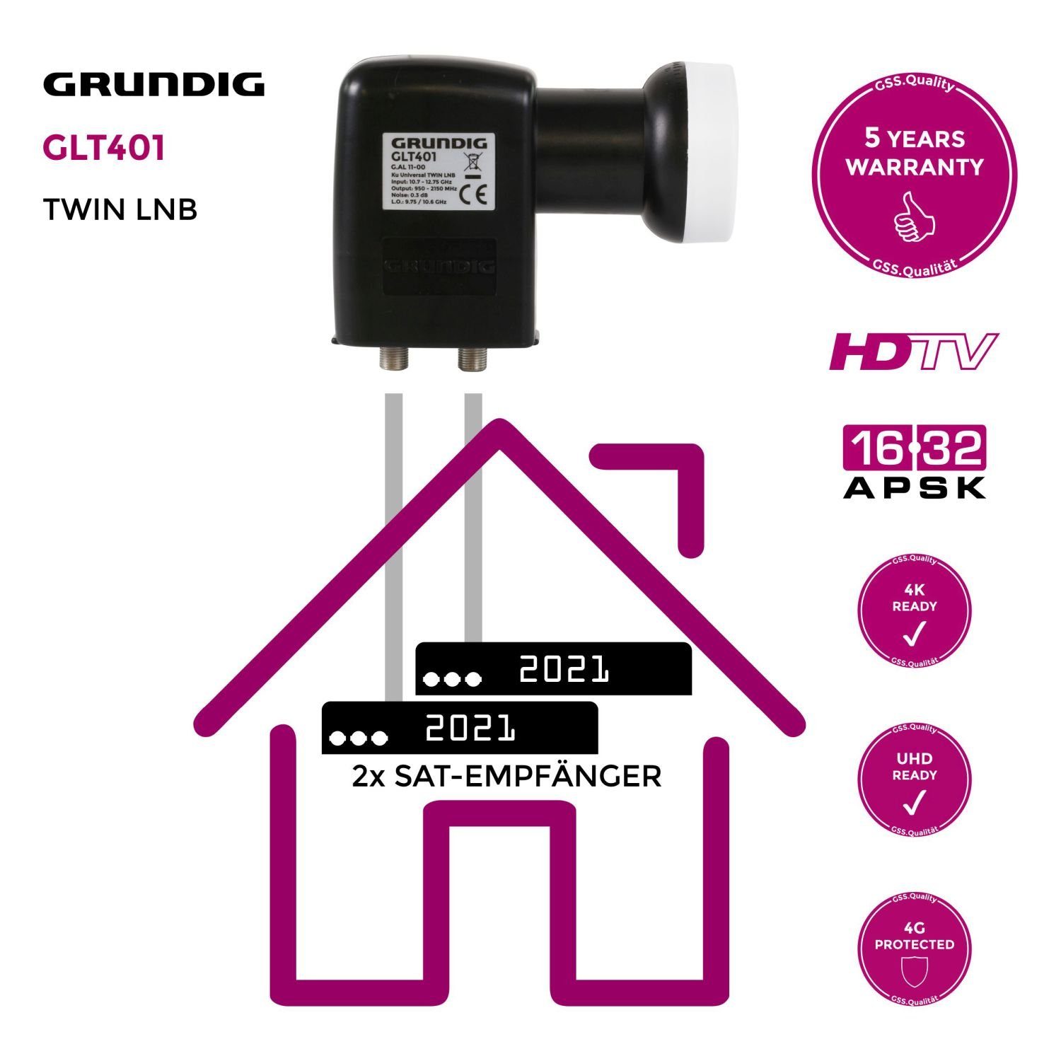 + GSS Filter HDTV, LNB HD, (LTE Twin Full 0.1dB,Wetterschutz) Universal-Twin-LNB 4K, - Aufdrehhilfe GLT 401schwarz
