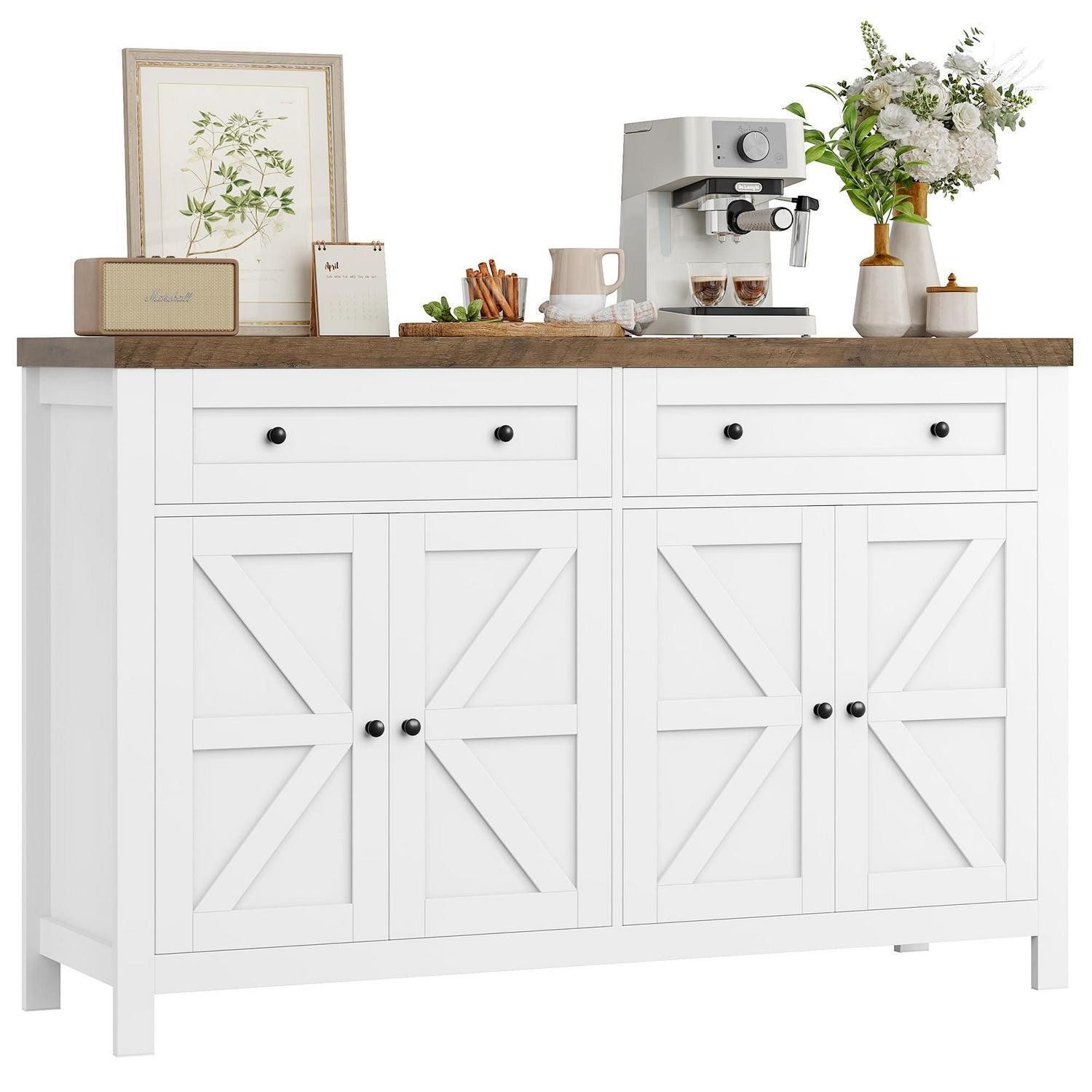 LuxusKollektion Küchenbuffet Sideboard 140 cm breit Weiß 2 Schubladen 4 Türen verstellbare Regale