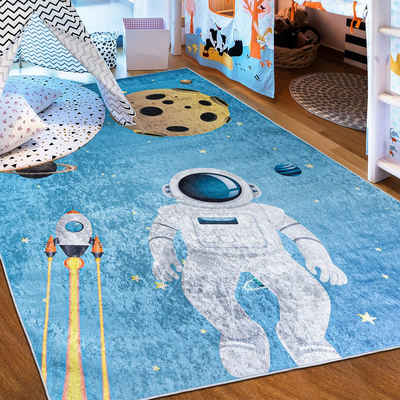 Kinderteppich Kinderteppich Kinderzimmerteppich Planeten Weltraum, Mazovia, 80 x 150 cm, Kurflor, Waschbar in Waschmaschine, Höhe 5 mm, Rutschfest