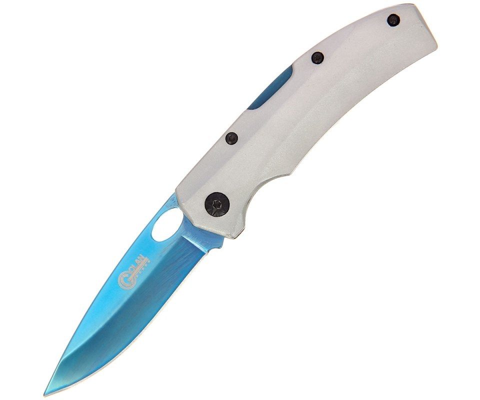 Golan Taschenmesser Golan Aluminium Einhandmesser, 10cm, Klinge blau eloxiert, Griff silbe, (1 St), blaue Oberfläche und Hosenclip