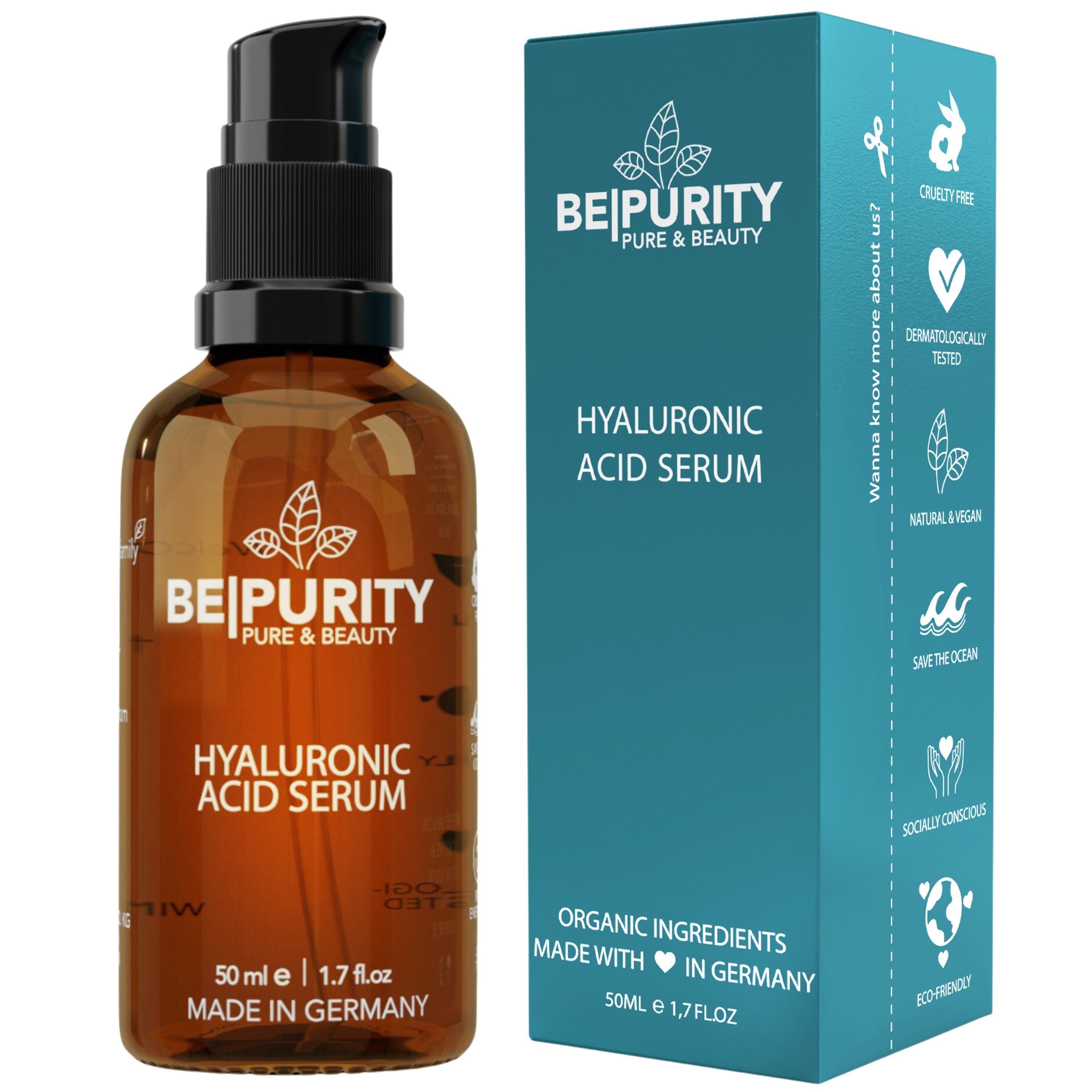 Bepurity Hyaluron Serum hochdosiert mit Bio Aloe Vera vegan 50 ml, Anti Aging Serum Damen Herren Unisex, fürs Gesicht, Gesichtspflege Gesichtsserum Unisex Made in Germany