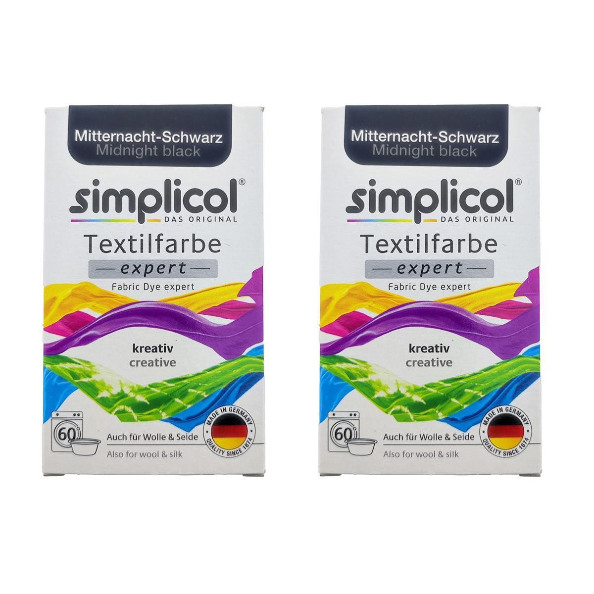 simplicol Textilfarbe Textilfarbe Expert Schwarz 2er Pack 150g Stoff färben, Farberneuerung Textilfärbemittel Farbauffrischung Farbmischung Batik