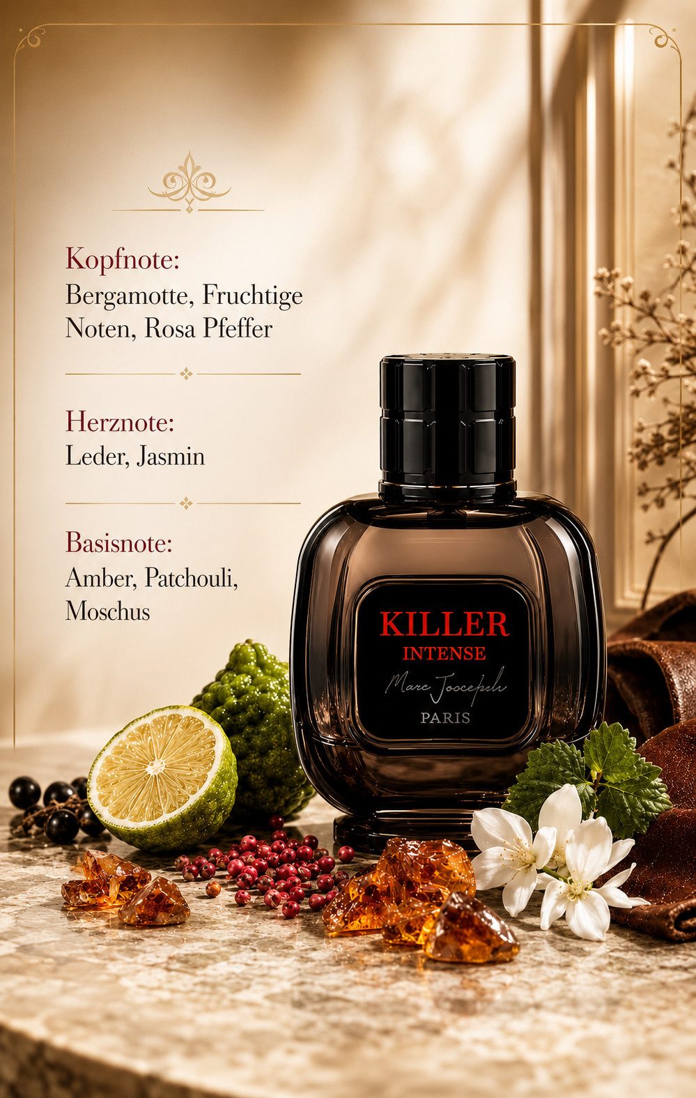 Marc Joseph Paris Eau de Parfum KILLER INTENSE PARIS Luxus Herrenduft; Frisch, Ledrig, Warm, e100 ml, Hergestellt in Paris, Sehr Langanhaltend, Schöne Geschenkverpackung