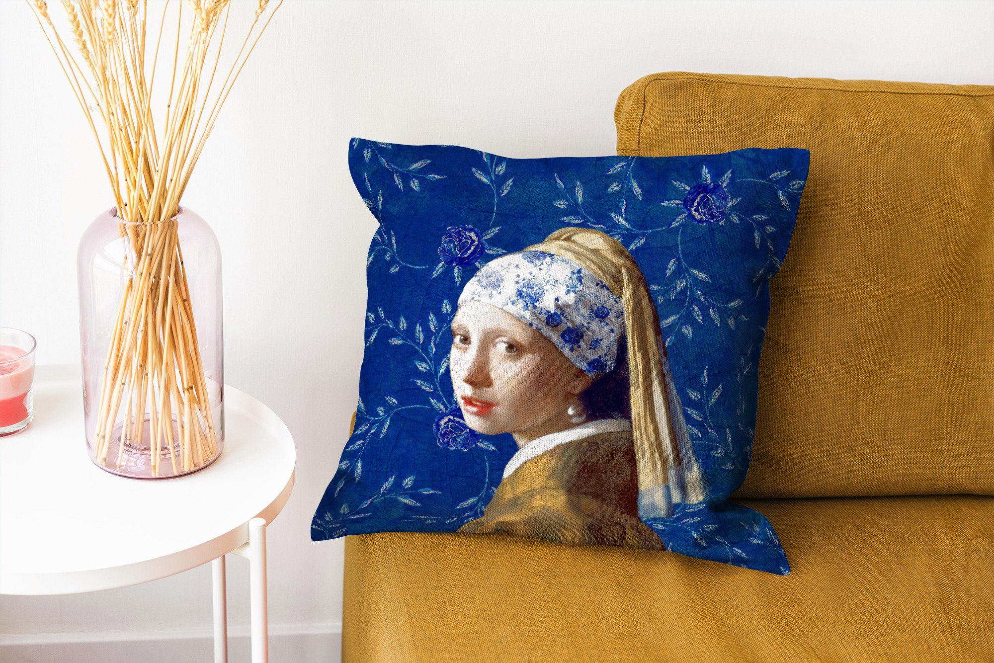 MuchoWow Dekokissen Mädchen Blau mit - Perlenohrring Gemälde, Deko, Sofakissen - - Delfter - mit für Zierkissen Blumen Wohzimmer, Füllung Vermeer Schlafzimmer