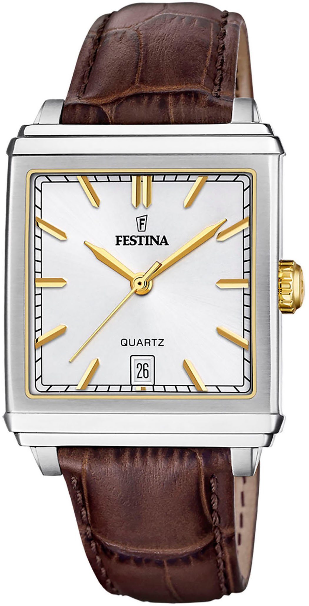 Festina Quarzuhr On The Square F20681/4, Armbanduhr, Herrenuhr, Damenuhr, Lederarmband, Datum