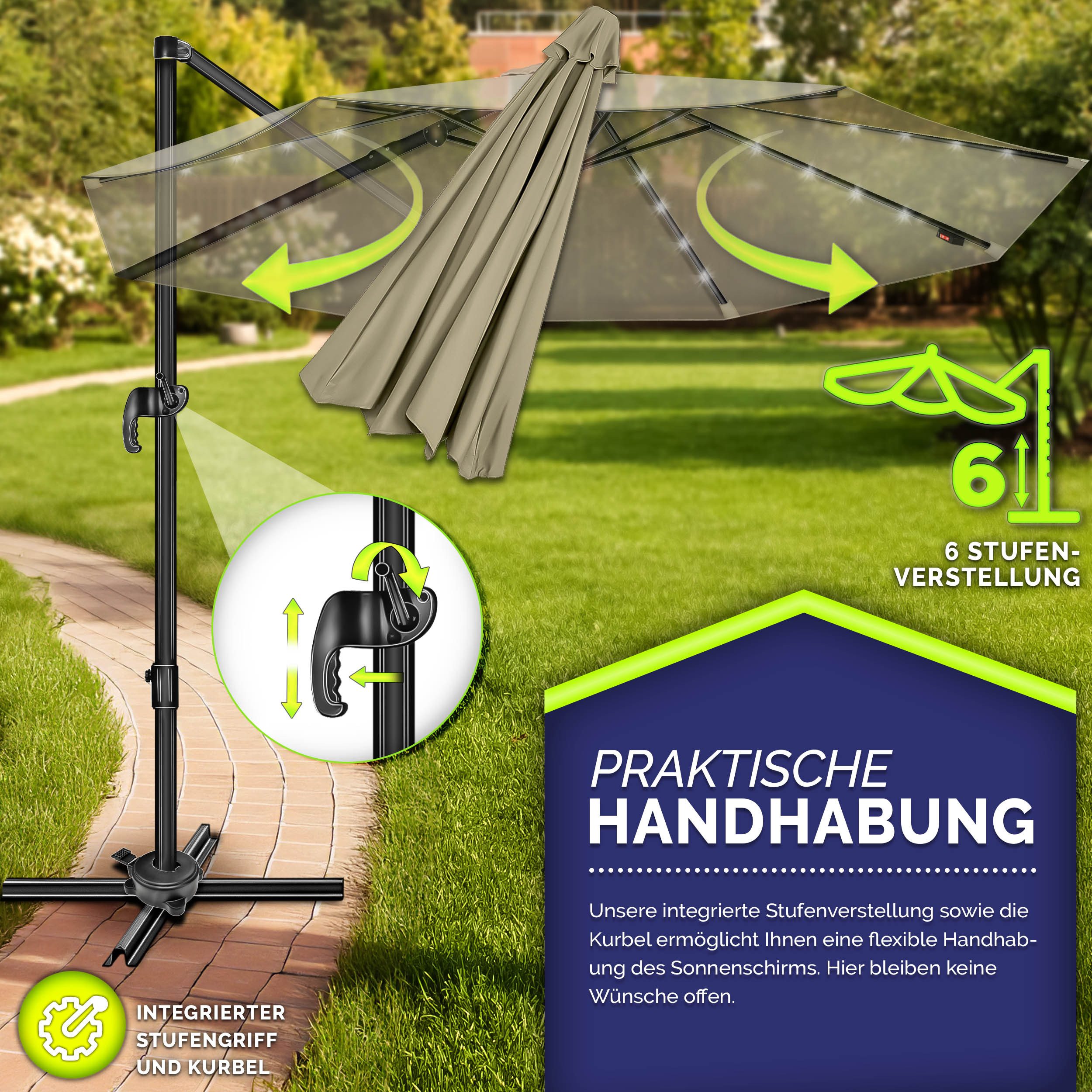 tillvex Sonnenschirm tillvex® LED Premium Alu Sonnenschirm 330 cm + Abdeckung & Windsicheru, Premium-Series, inkl. Regenabdeckung, Ampelschirm 6-fach Verstellbar mit Kurbel