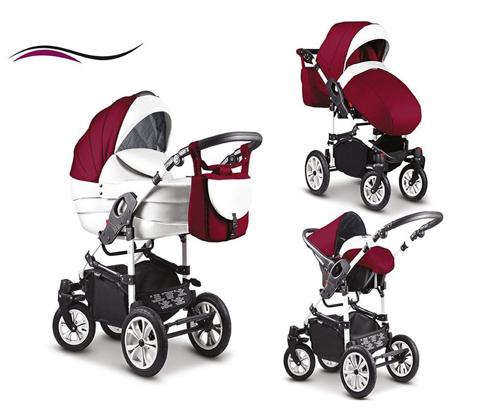 babies-on-wheels Kombi-Kinderwagen 3 in 1 Kinderwagen-Set Cosmo - 16 Teile - in 41 Farben Weiß-Bordeaux