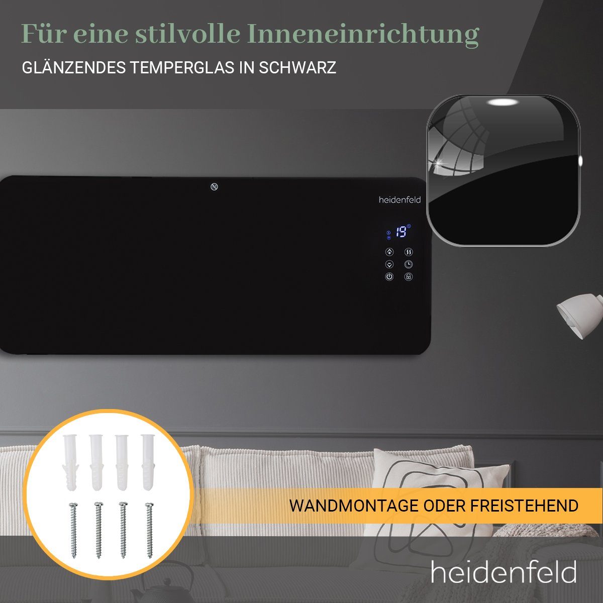 Heidenfeld Konvektor Glaskonvektor GK200 - - Jahre W mit Heizung Kindersicherung 2000 W, inkl. 3 WLAN Garantie 2000 Schwarz - Smart-Home Heizgerät, LED-Display Elektro