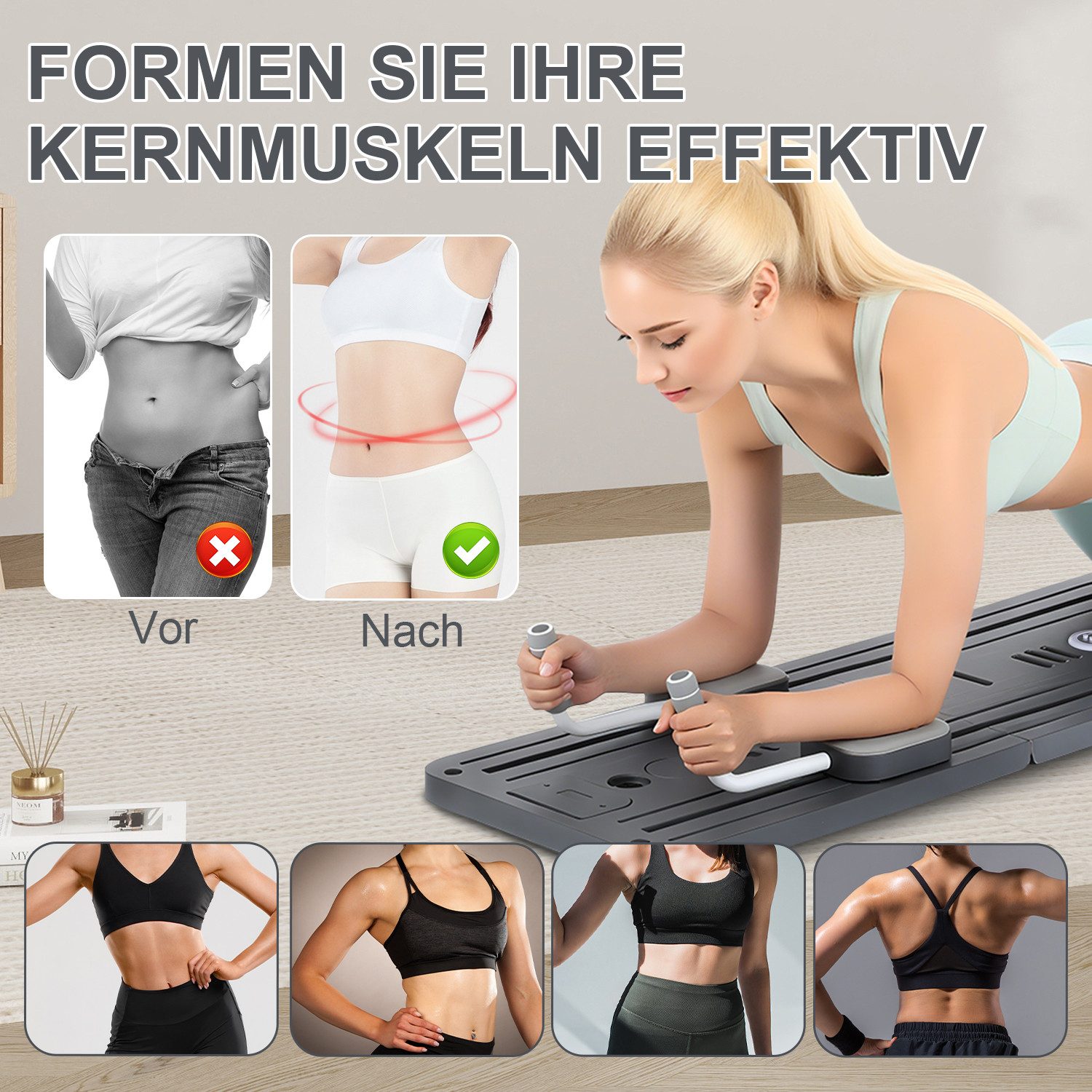 oyajia Ganzkörpertrainer Faltbare Pilates-Fitnessboard, Multifunktionale Trainingsplattform, (Mit Widerstandsbändern, Griffen & Fußstützen für Vielseitige Übungen, 11-tlg., Inklusive Yoga-Pad & Timer – ideal für Home-Workout & Core-Training), Rutschfestes Material, Kompakt Verstaubar & Komfortables Handling