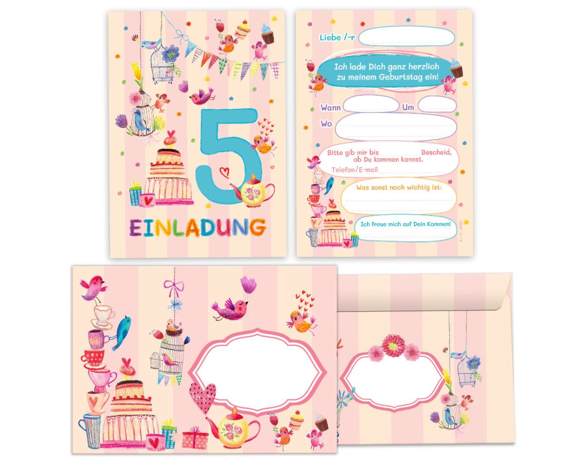 JUNAPACK Einladungskarten Vogel zum 5. Kindergeburtstag Einladungen mit Umschlägen Karten rosa, Einladungskarten mit Umschlägen zum fünften Geburtstag Vögelchen rosa