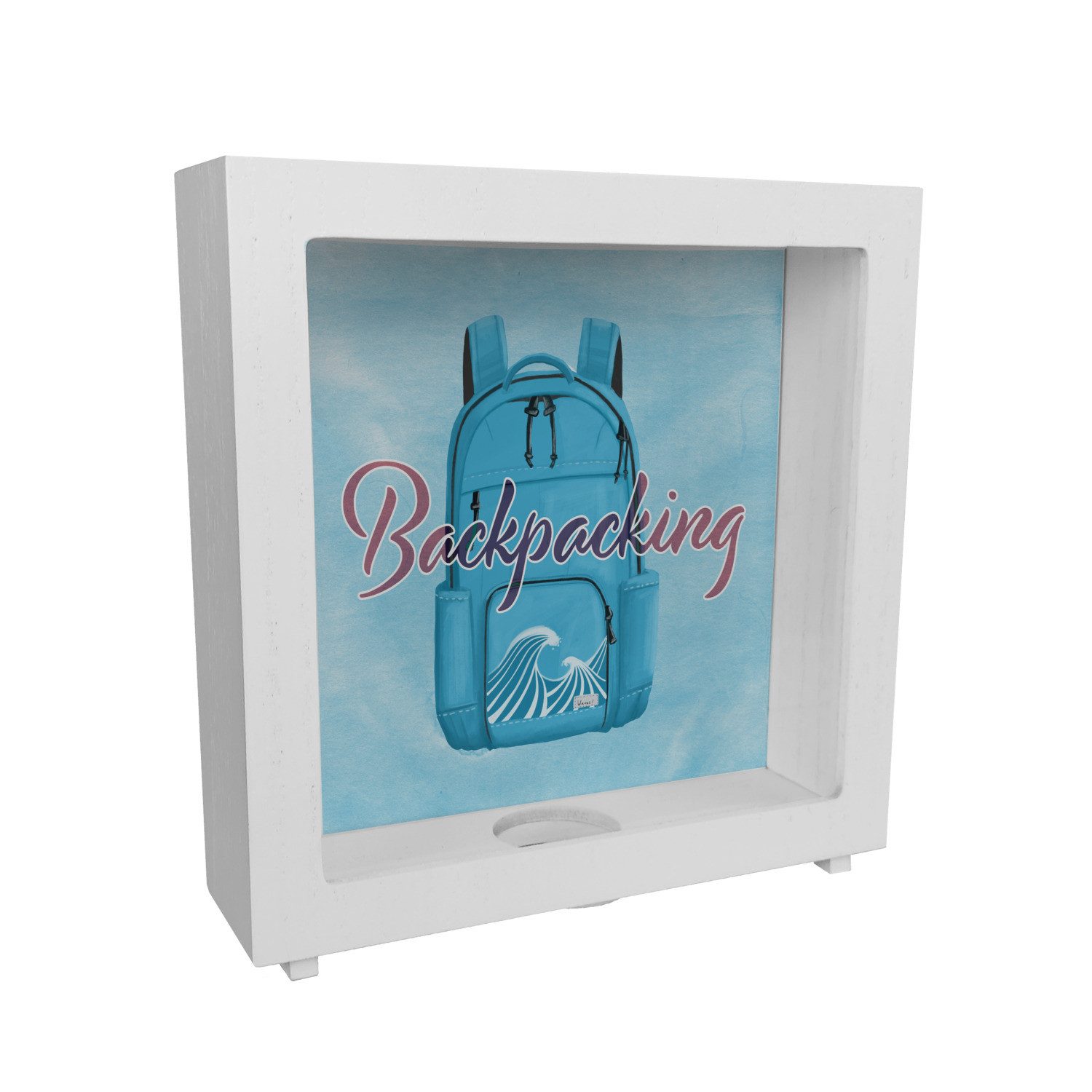 Spardose Rahmen Spardose aus Holz für Rucksacktouristen mit Rucksack Motiv und
