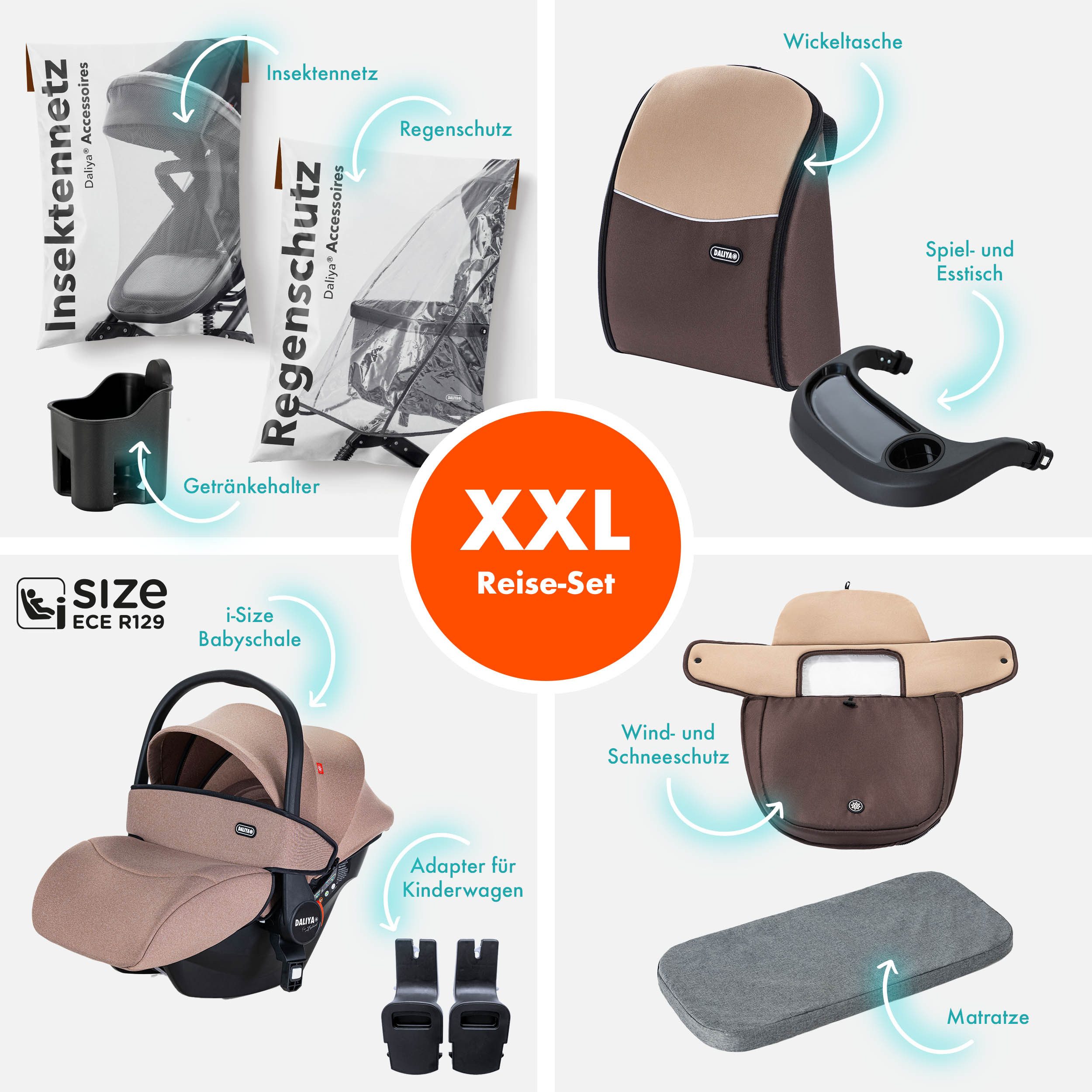 Daliya® Kombi-Kinderwagen BAMBIMO 3in1 Kinderwagen & Buggy mit Auto-Babyschale und Adapter, (XXL-Set inkl. Wickeltasche und Spieltisch, 15-tlg), Babyschale, Airless-Räder, Federung, weiche Matratze, Belüftungssystem
