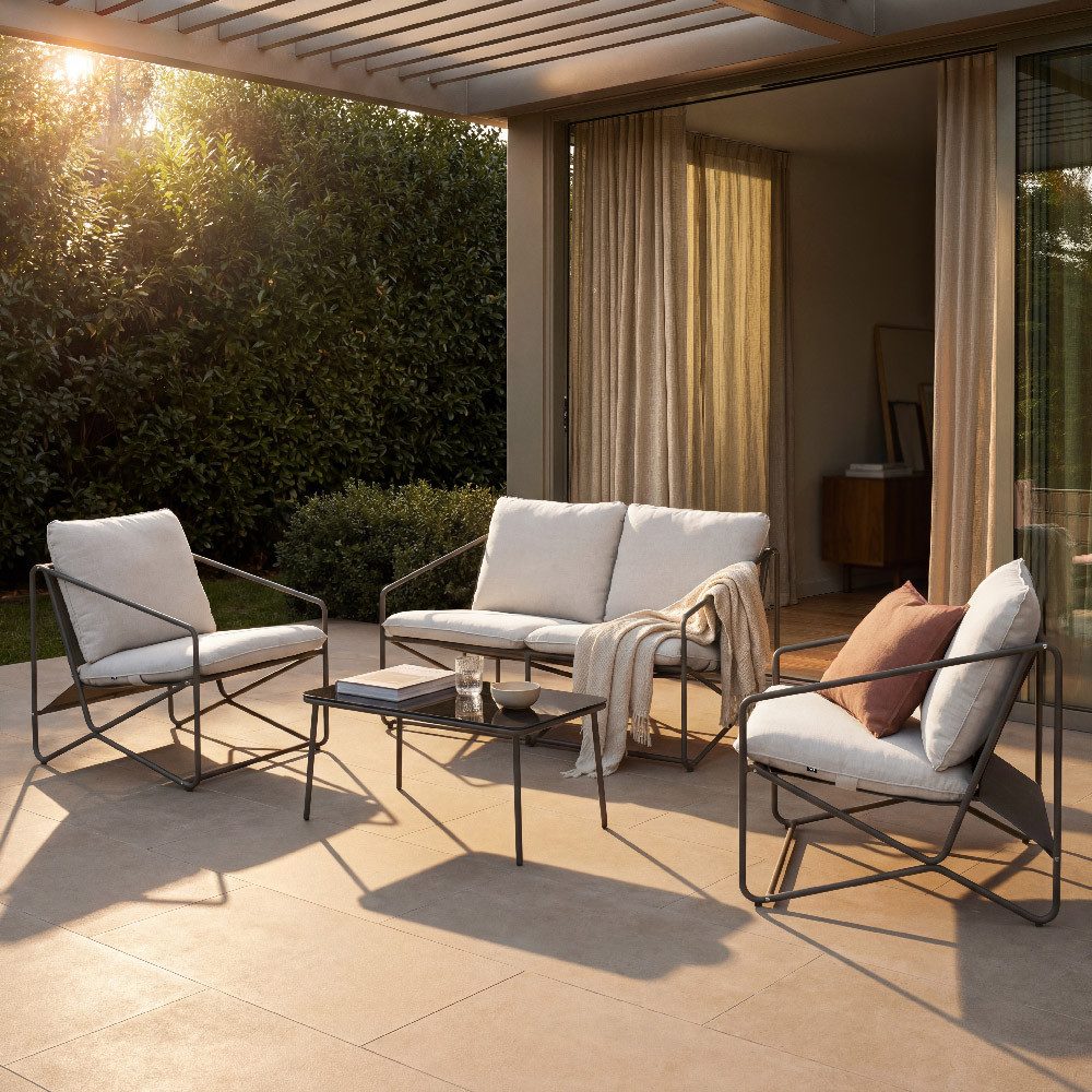 HOME DELUXE Gartenlounge-Set MIRAL, (4-tlg., inkl. Auflagen, 1 Tisch, 2 Sessel, 1 Bank), Wetterfest & rostbeständig, Loungegarnitur aus Metall